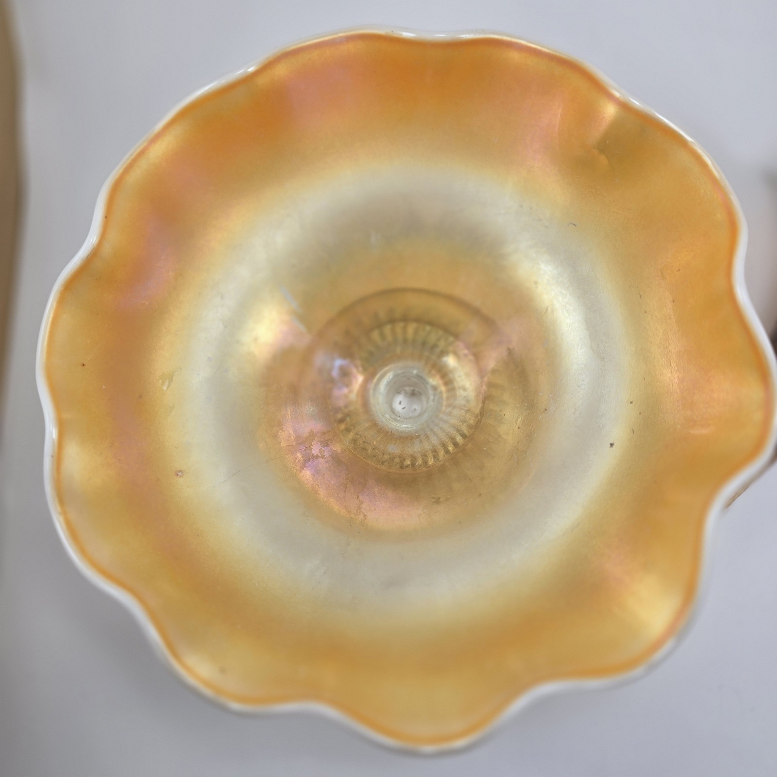 Dugan Single Epergne Peach Opalescent Fishnet Marigold Carnival Glass ca 1910s