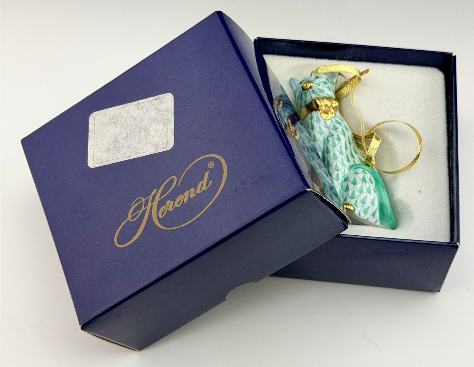 🦋 MINT in BOX HEREND Cat with Bow ORNAMENT Green Fishnet Figurine 1st Ed