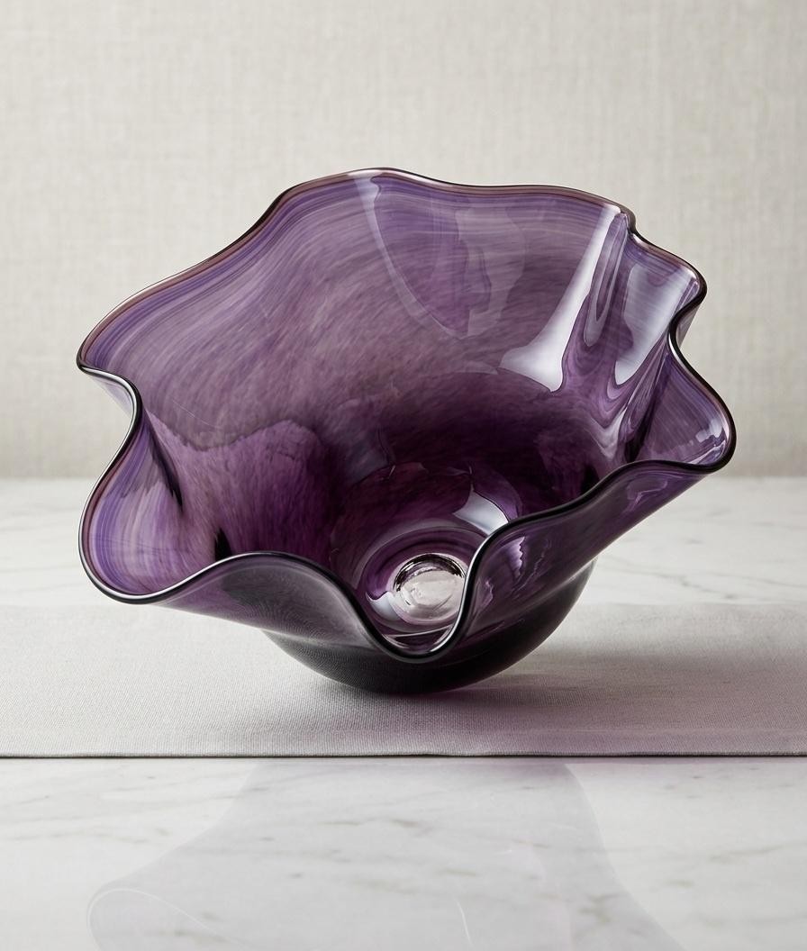Purple Swirl Art Glass Sculpture Bowl Centerpiece Decor Artisan Handmade