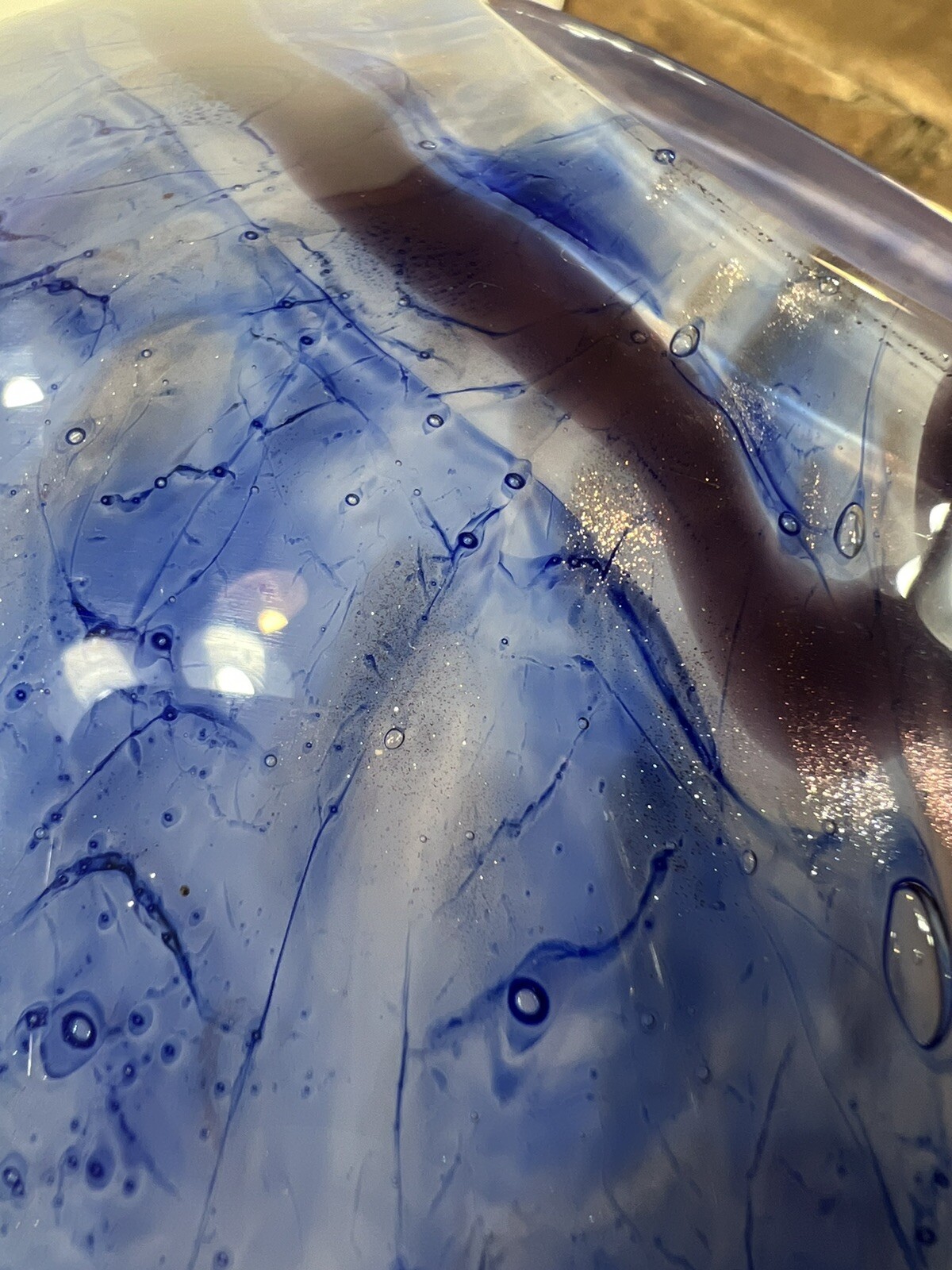 Large Vase Blue Mouth Blown Art Glass Sea Scape Gold Dust vintage 12.5″