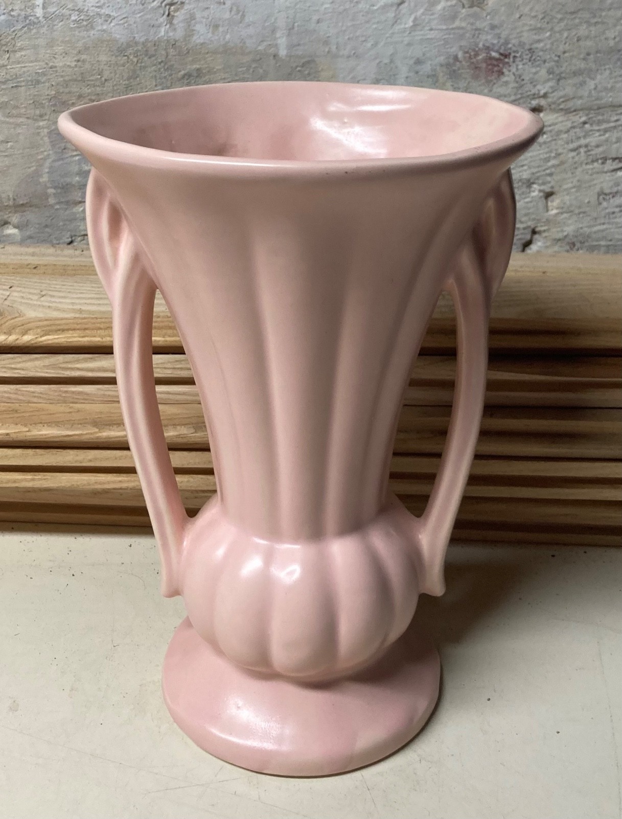 Vintage McCoy Art Pottery Pastel Pink Double Handles Panels Vase 1940’s 9 3/8″