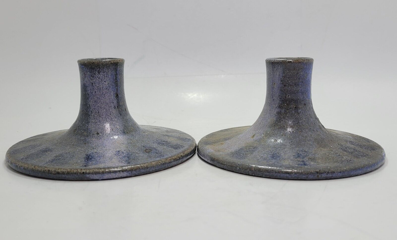 Artist Signed Art Pottery Candle Stick Holders Set of 2 Blue 5″ Base 2.75″ Tall