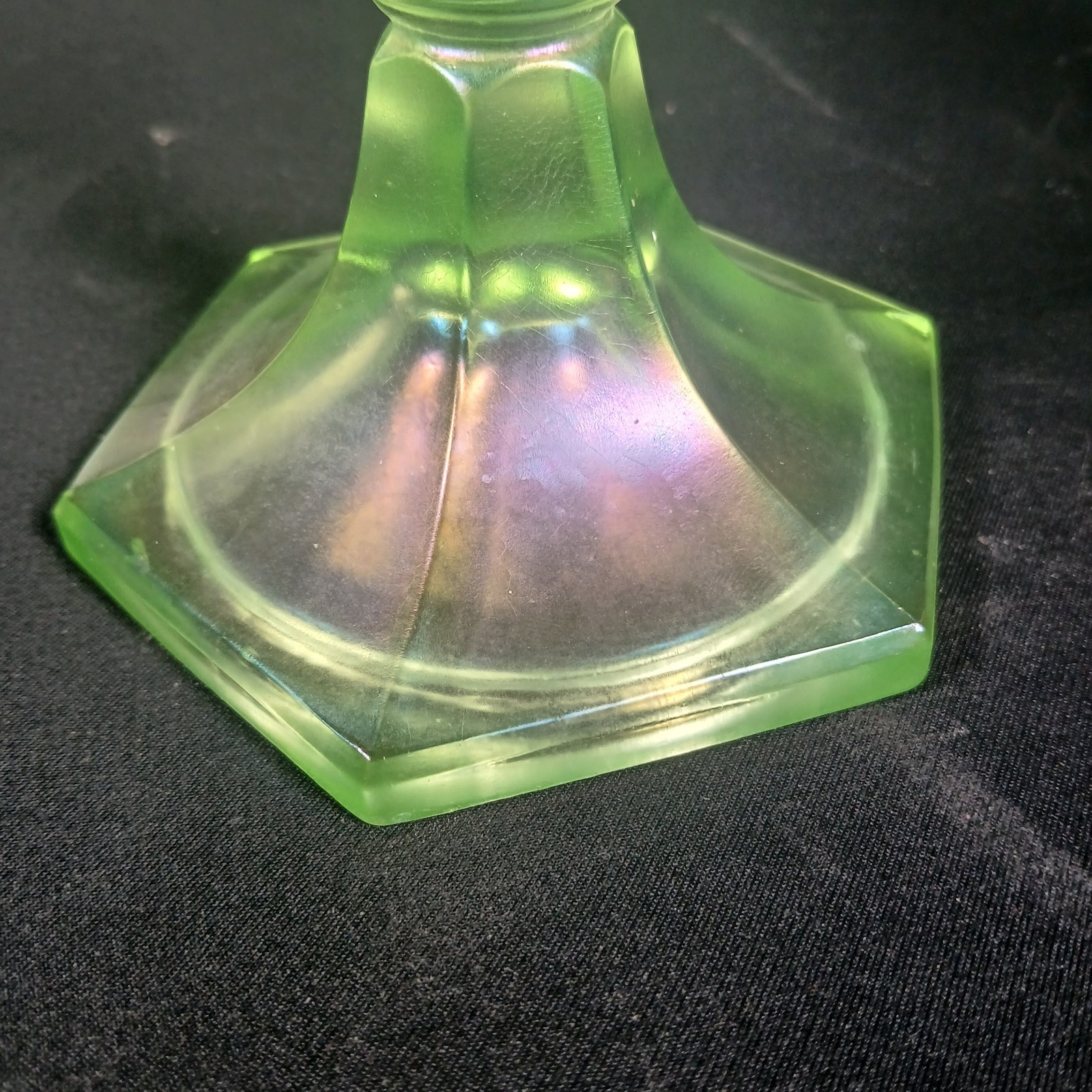 Fenton Irridescent Uranium Glass Candlesticks 10 3/8″ Tall Hexagonal Base Pair