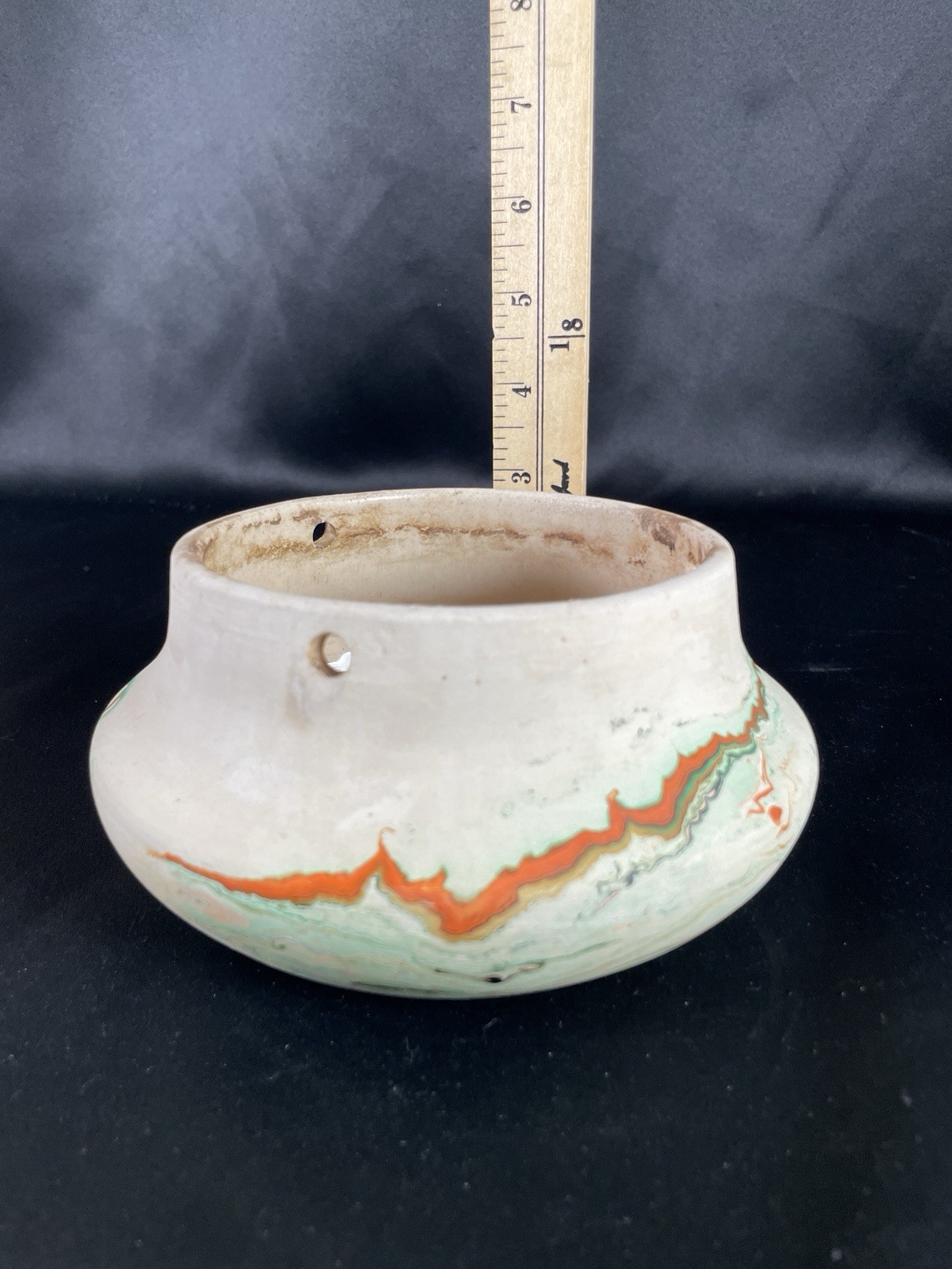Vintage Nemadji Pottery USA Hanging Planter Pot wit Chain Swirled Orange Green