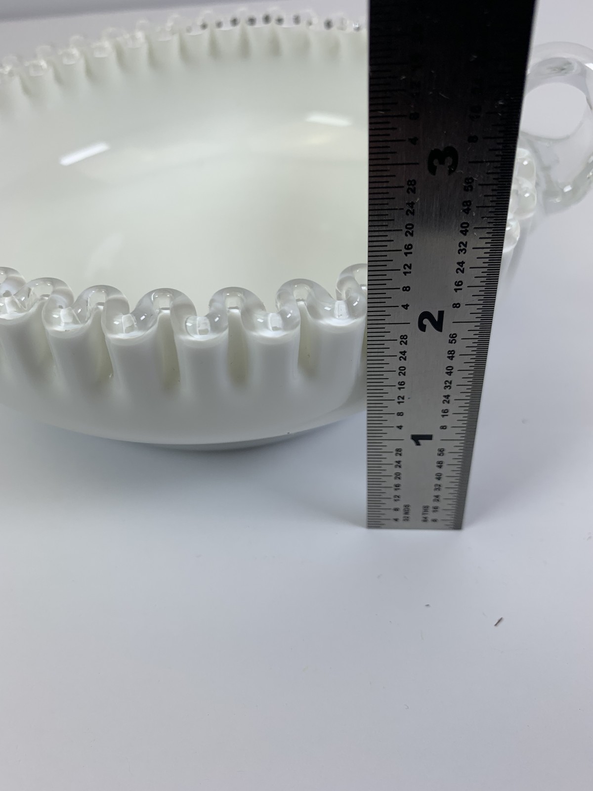 Vintage Fenton Milk Glass Ruffled Edge Heart Shaped Dish Bowl Clear Handle