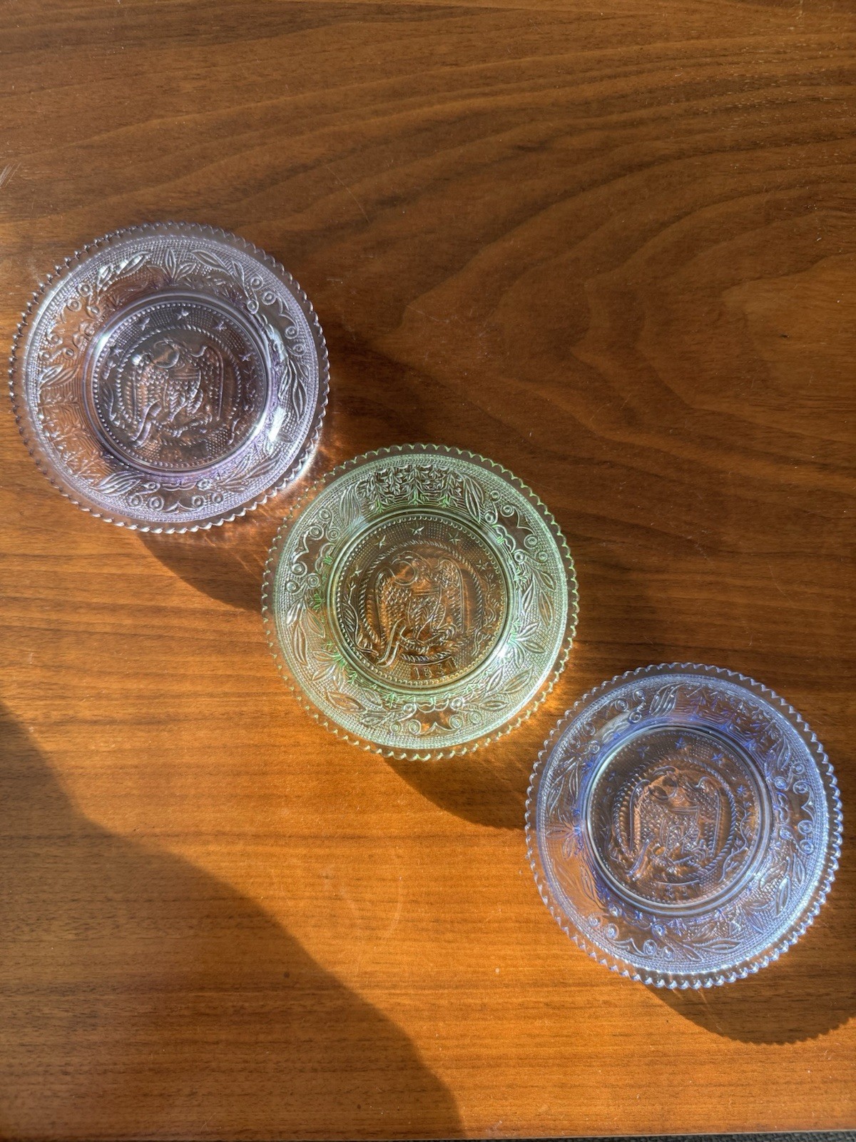 Set of 3 Vintage Eagle Glass Plates, Lavender, Blue & Green, Patriotic Americana