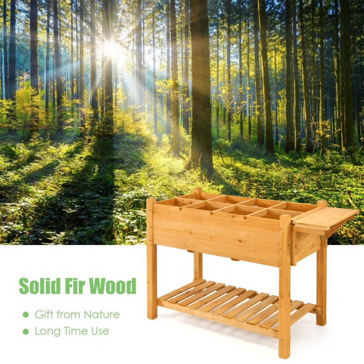 Elevated Fir Wood Garden Bed with 8-Grid Shelf and Tabletop