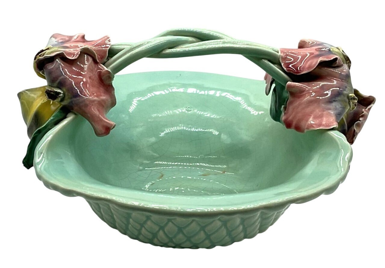 Handmade Ceramic Basket Bowl With Floral Handle Green With Lilies 10.5″x 5″