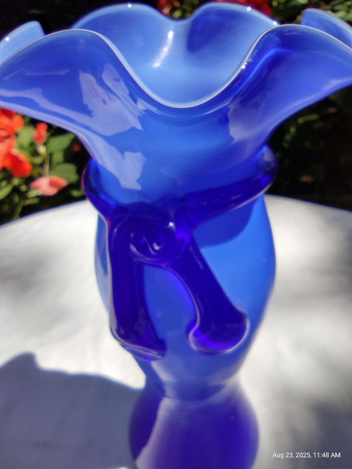 Cased Glass Vase Cobalt Hand Blown With Applied Bow 8.25″ Glows