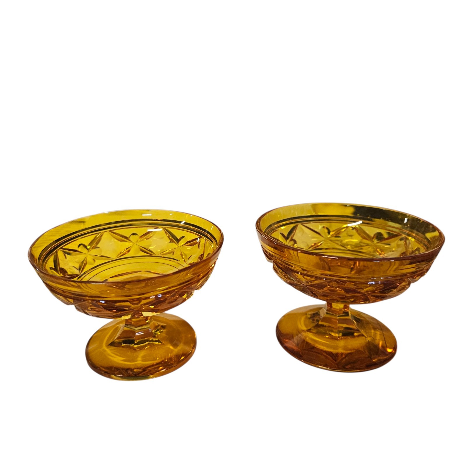 2 Val St Lambert Amber Cut Glass Footed 3″ Finger Bowls Cathedrale Napoleon