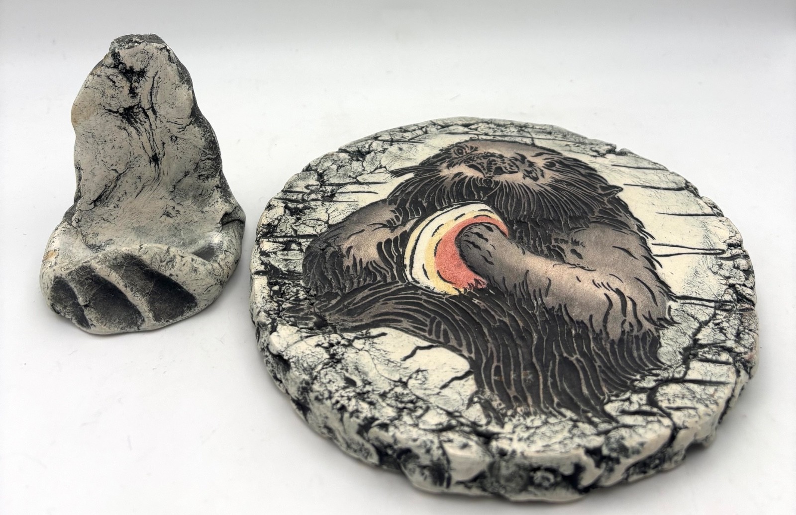 Studio Pottery Otter Holding Prized Clam with Stand, Unique Art Signed By Artist