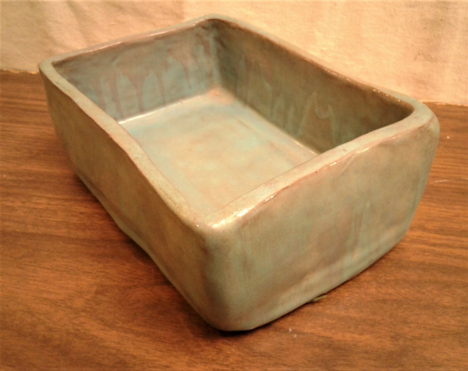 Vintage Studio Art Pottery Redware Turquoise Drip Glaze Rectangle Planter Signed