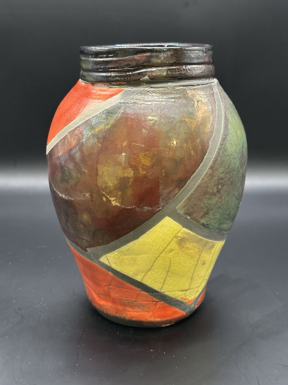 VTG RARE Signed Stamped MJA Stunning Raku Pottery Vase Vibrant Colors Excellent