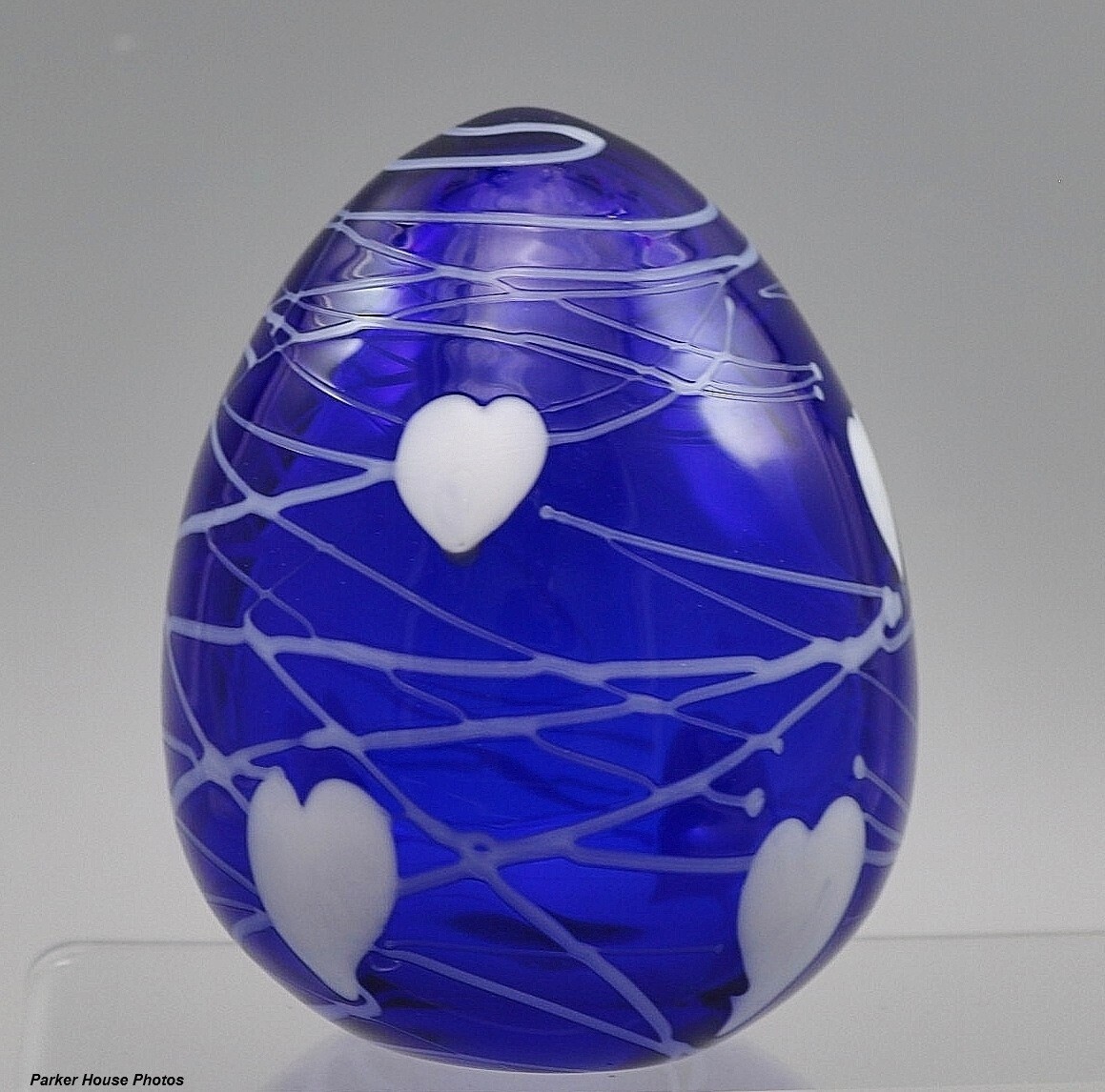 Fenton-Dave Fetty Blue Cobalt Hanging Hearts & Vines Egg Paperweight-1994-OOAK