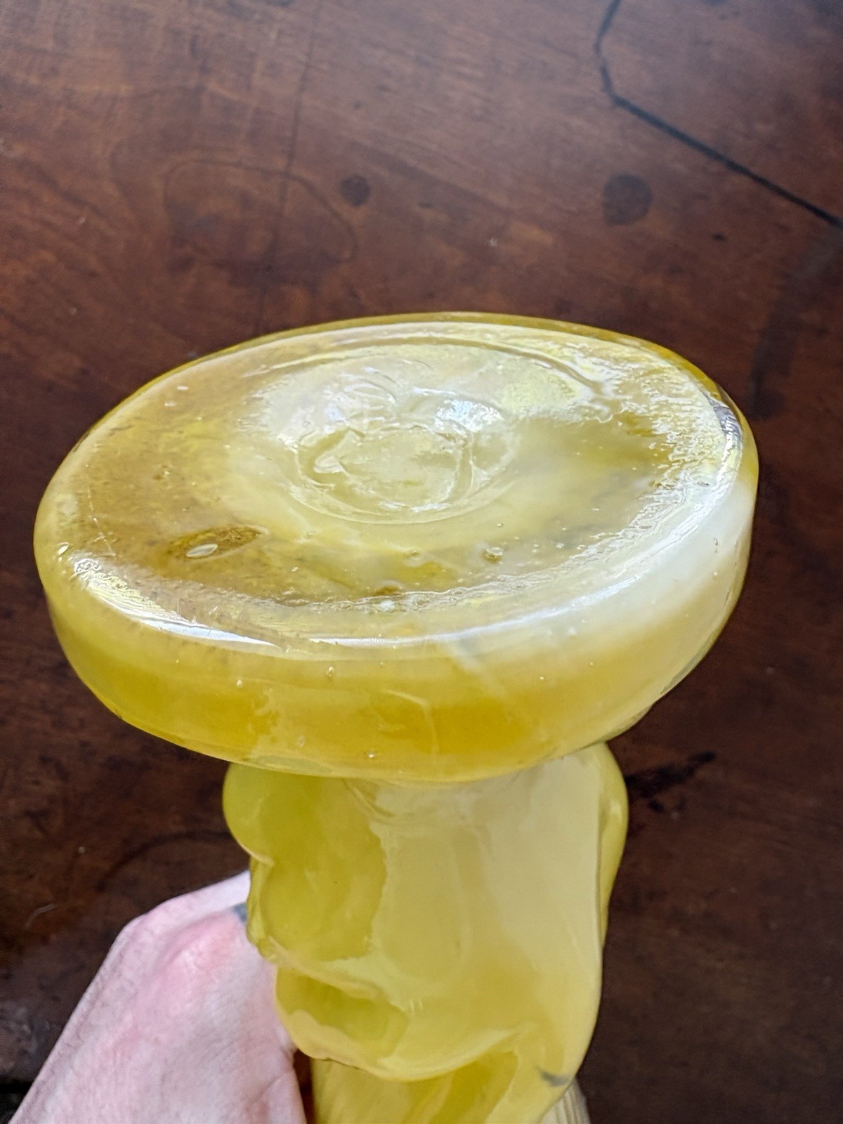 Antique Victorian Mold Blown Yellow Cased Glass Hand Pulpit Vase Ruffled Trim