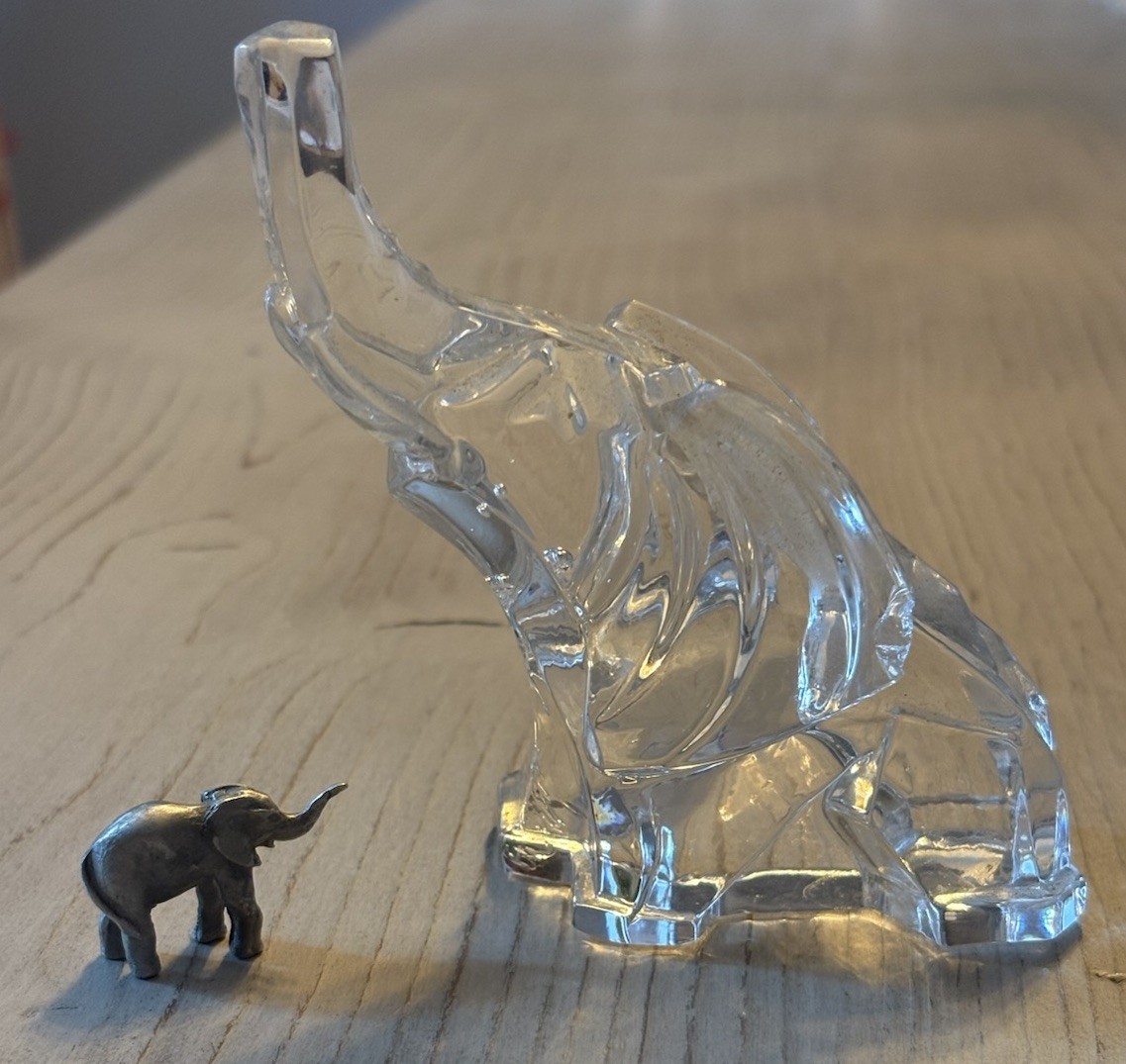 Clear Cut Glass Crystal Elephant Trunk Up Paperweight & Tiny Pewter Elephant