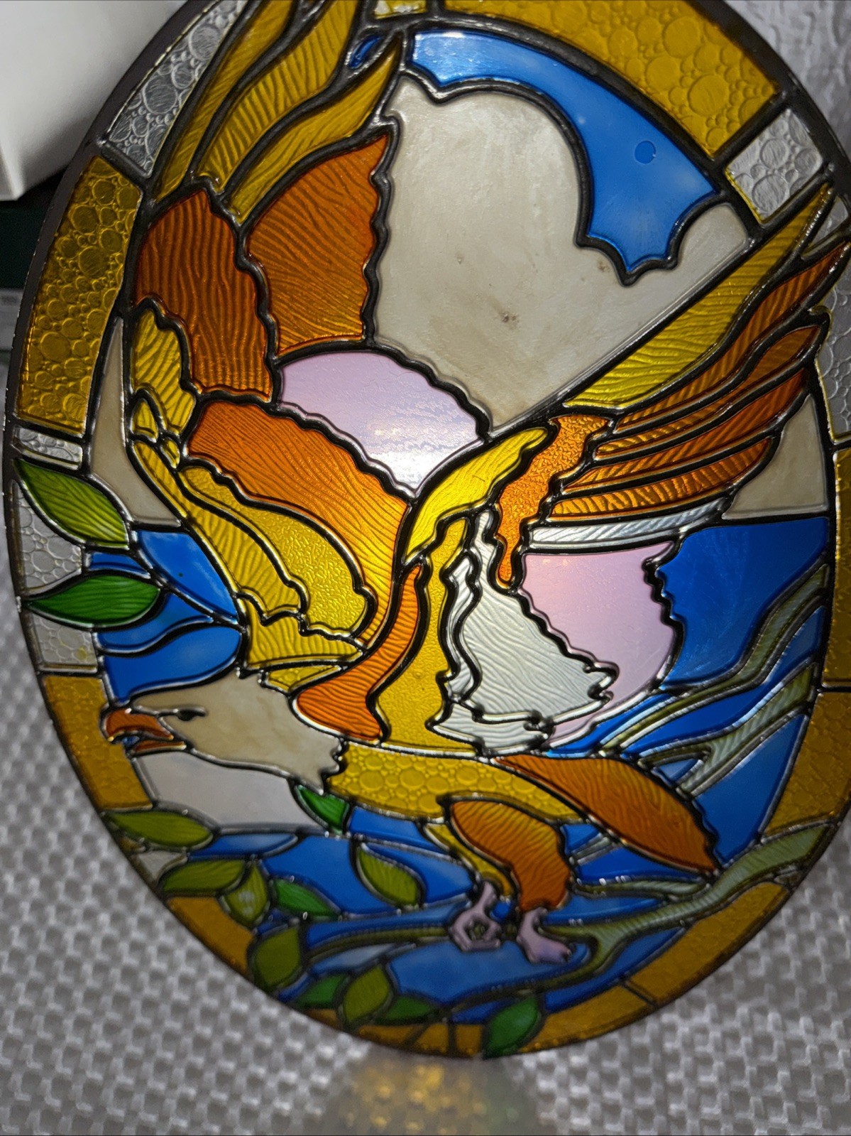 Vintage 15.5” Stained Plastic Flying American Bald Eagle Blue Sun Catcher Oval