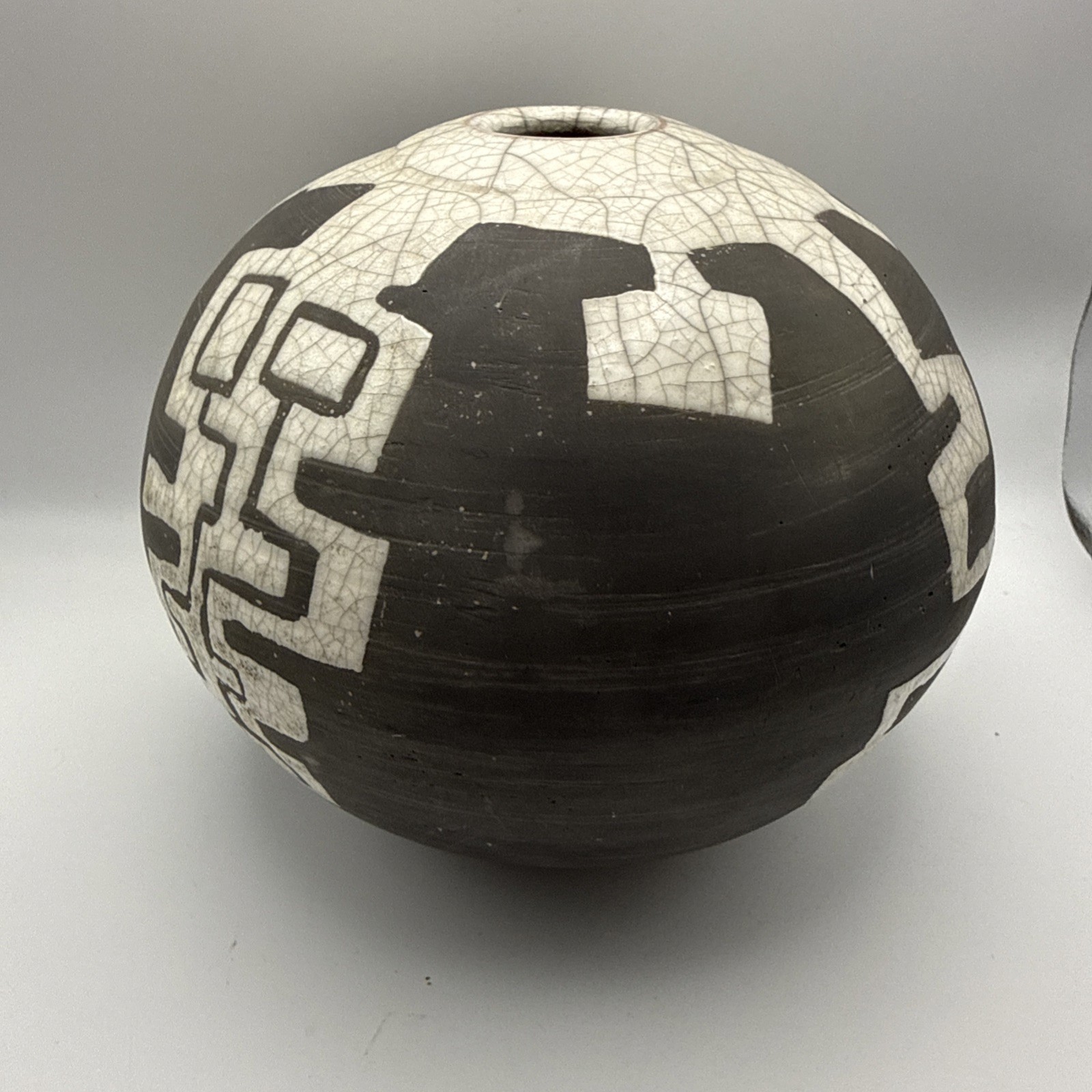 Raku Pottery Vase Seed Pot Artist Signed Vintage Art 5.5” Deep Brown Cream