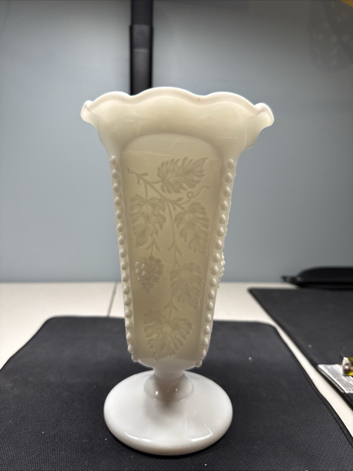 Unique Westmoreland Paneled Grape Milk Glass Vase w/ Ruffled Edge & Beaded Trim