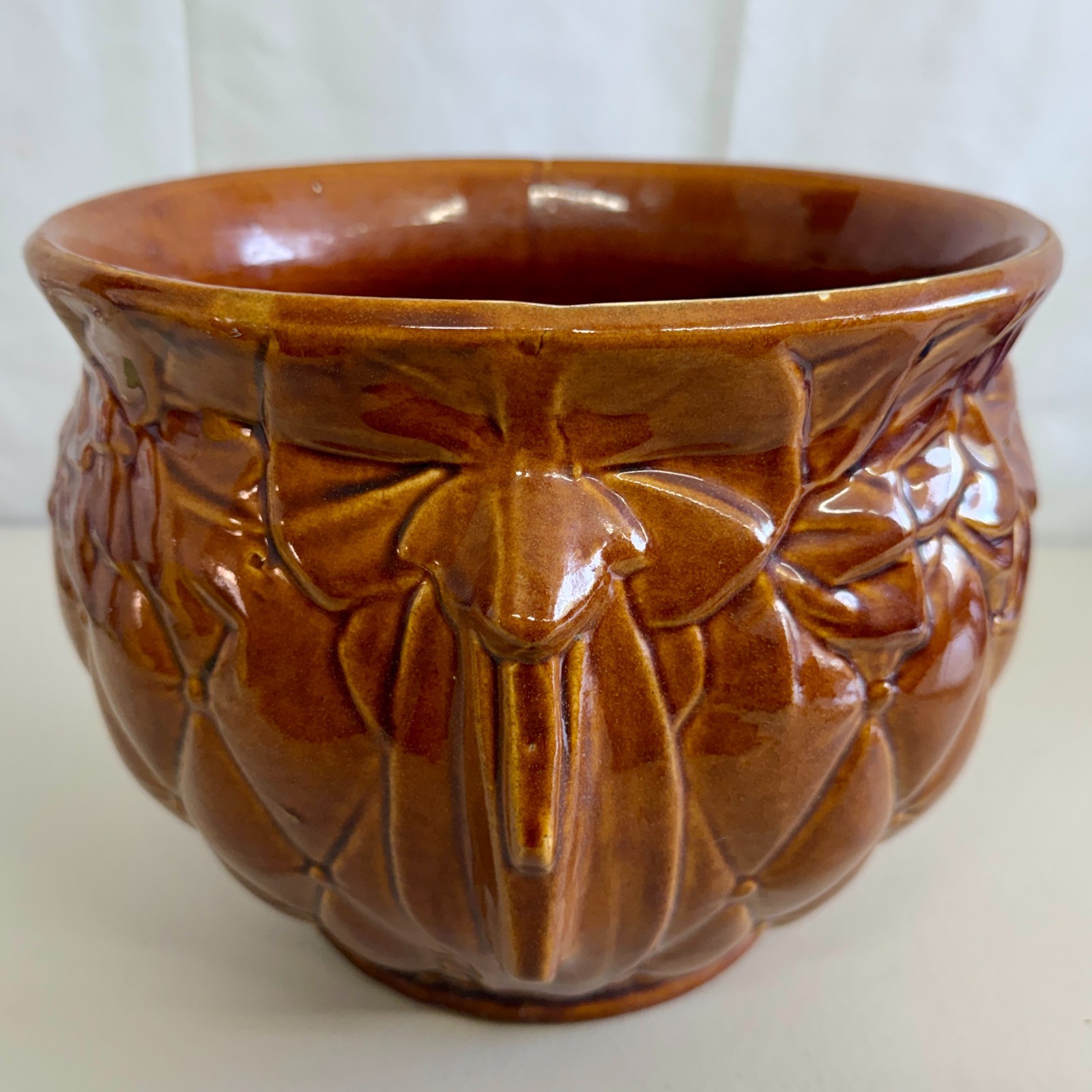 Vintage McCoy 1488 Brown Quilted Leaf Jardiniere Planter 8.75in USA