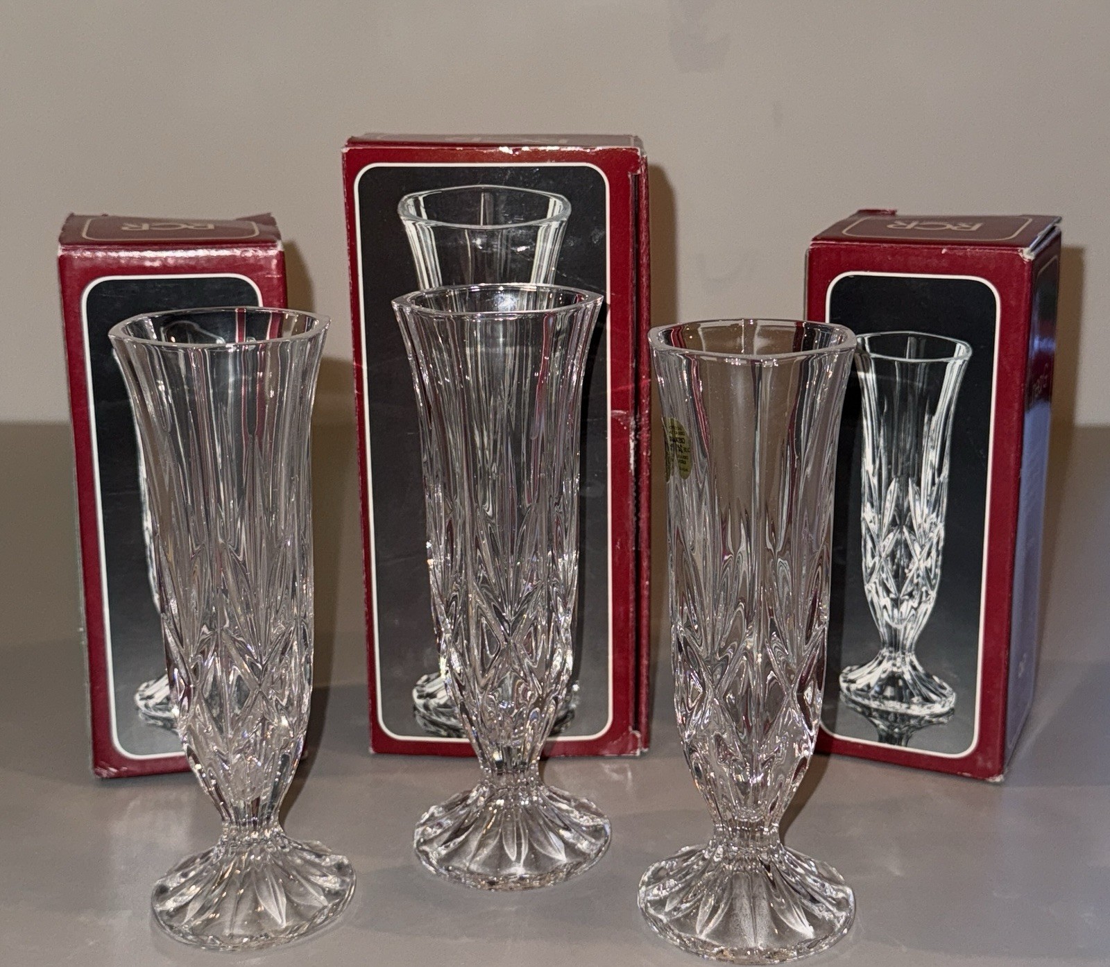 Lot of 3 RCR ROYAL CRYSTAL ROCK Lead CYRSTAL VASE Clear Cut Glass Linea G BOXED