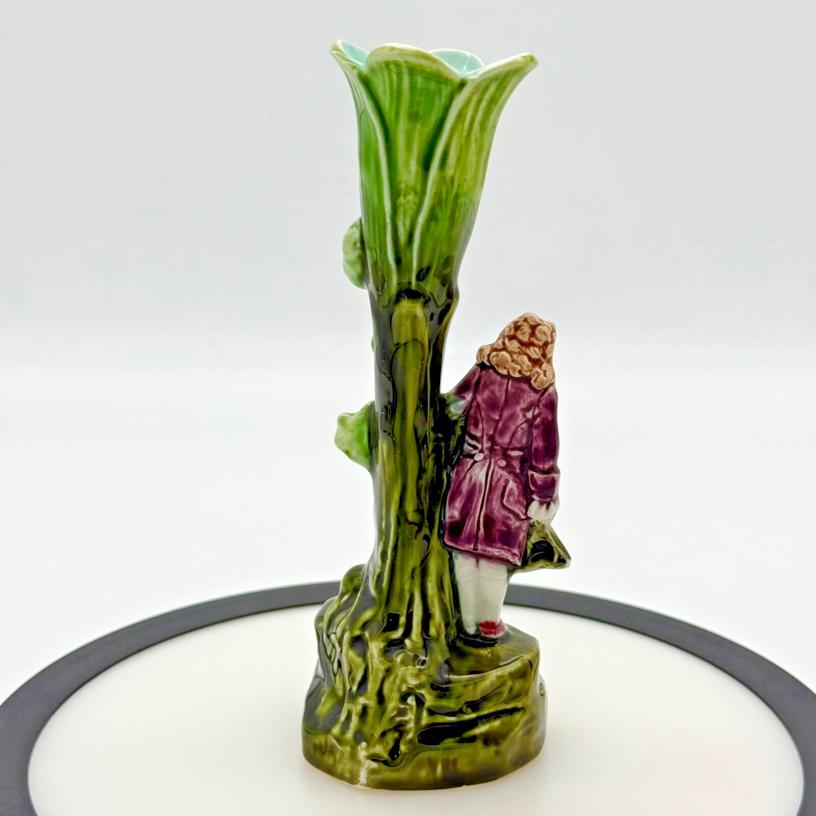 Antique French Majolica Bud Vase Figural Pottery Spill Vase Read