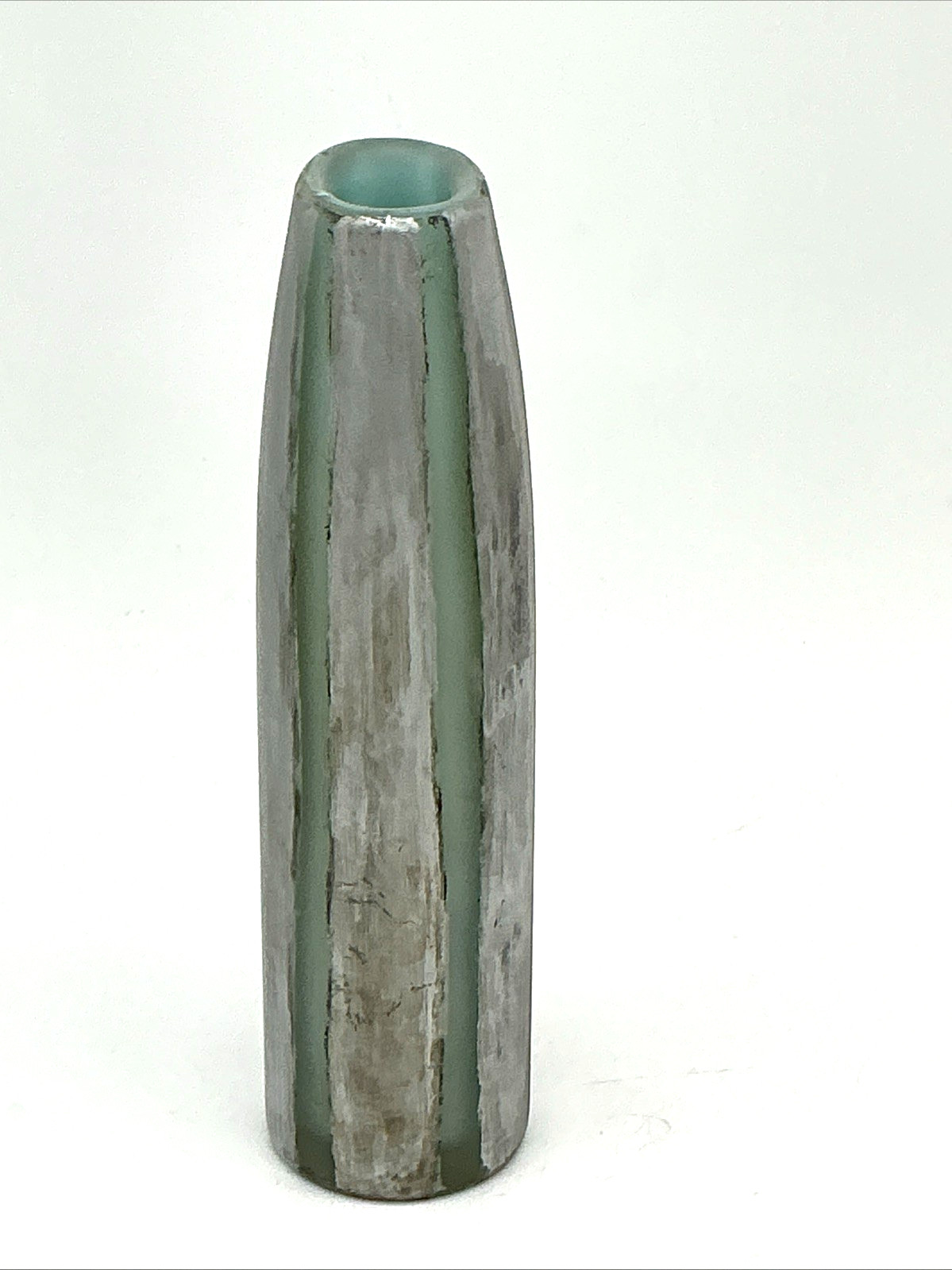 Illegibly Signed Art Glass Vase Chunky Green Glass W/ Silver Leaf 9 1/4″