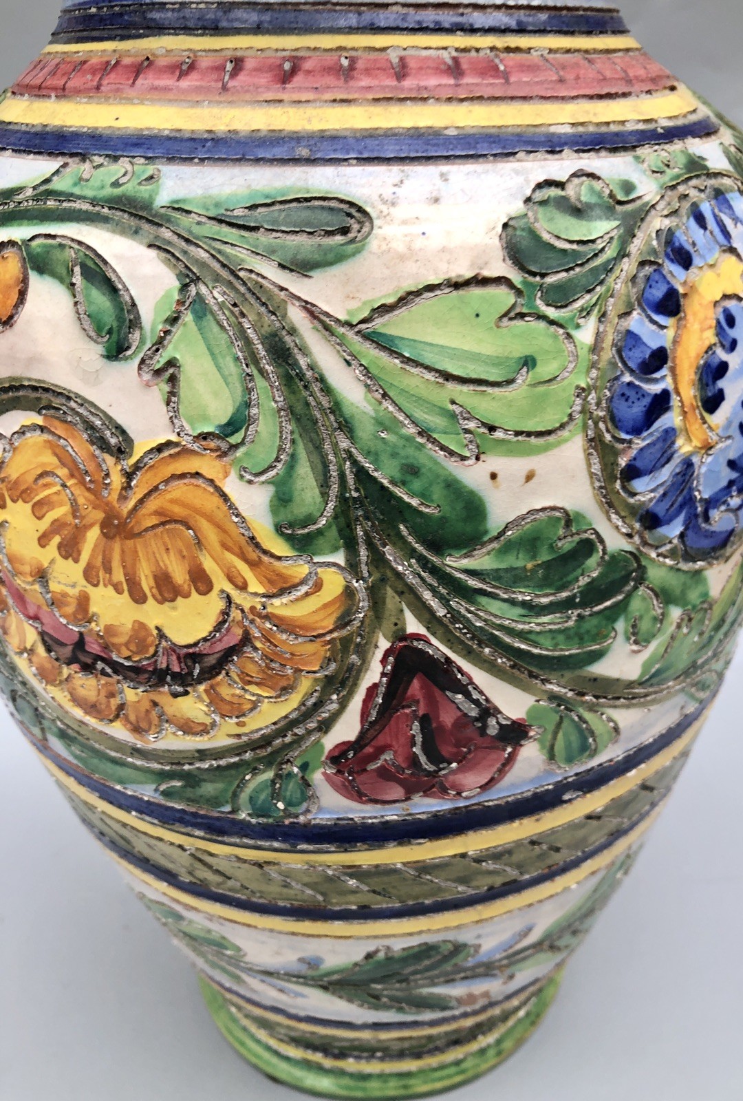 Vintage Italian Majolica Sgrafitto Polychrome Terracotta Pottery Vase READ