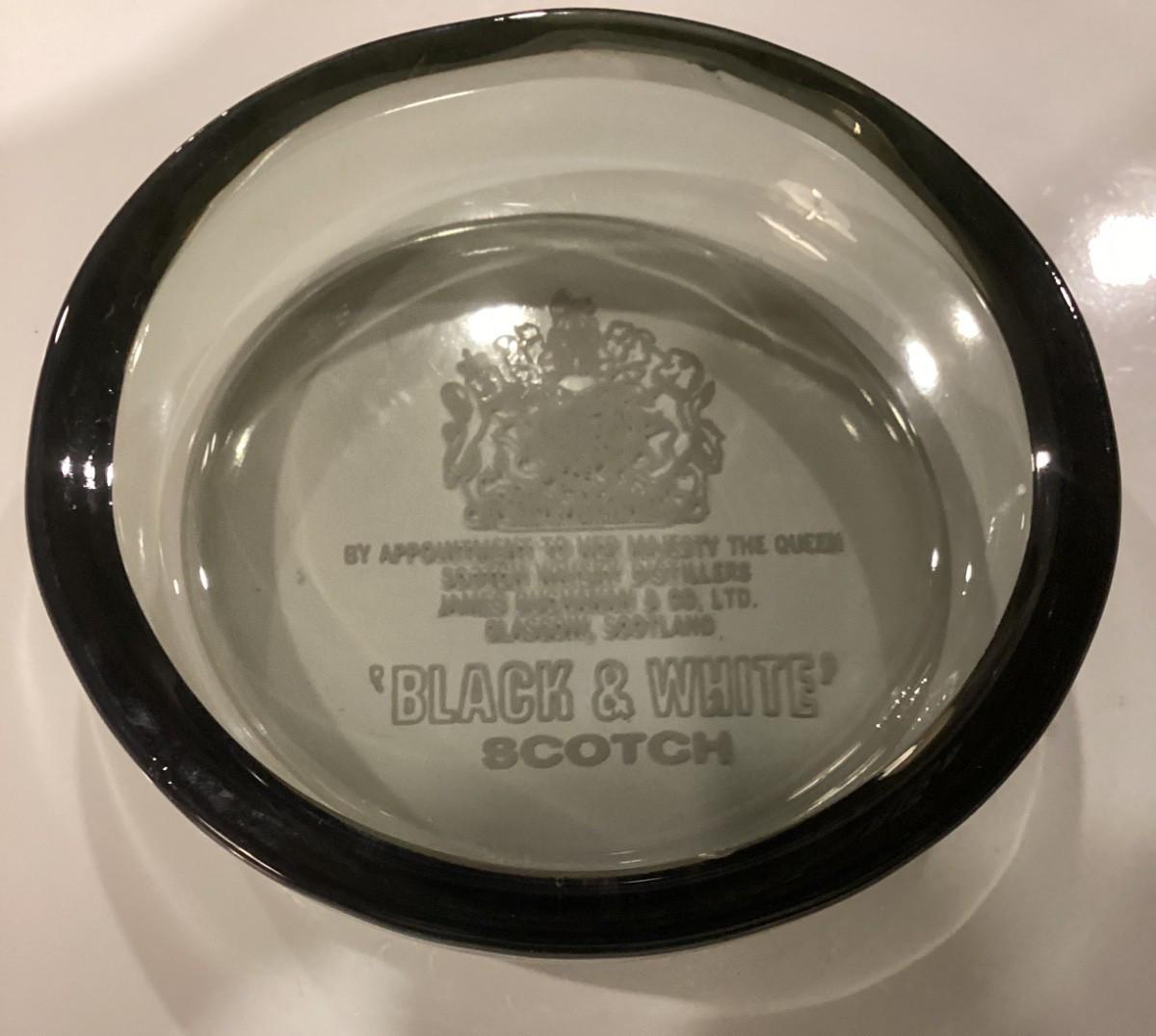 Vintage Tobacco Cigarette Glass Ashtray Black & White Scotch Advertising Glasgow