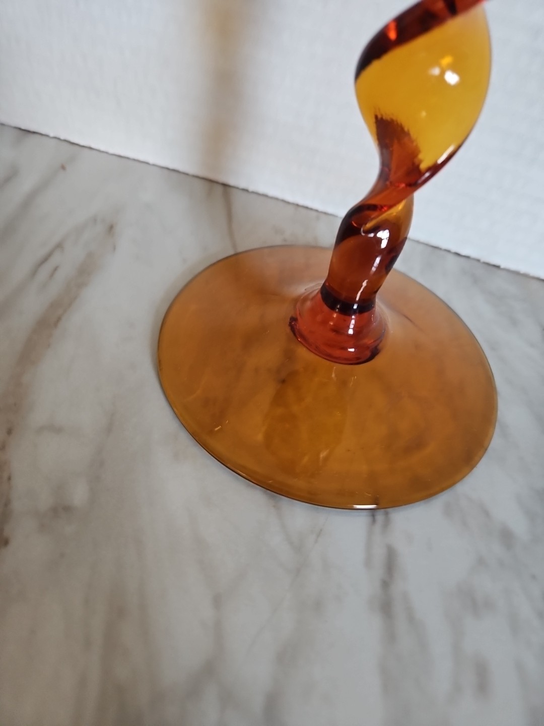 Empoli Art Glass Amber Ribbed Twisted Stem Compote Vase Candy Dish Candle Holder