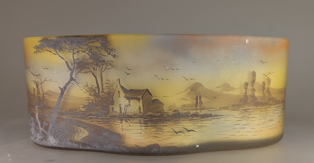 J. Simon Peynaud Art Nouveau Glass Jardiniere Polylobed Landscape Scene Antique