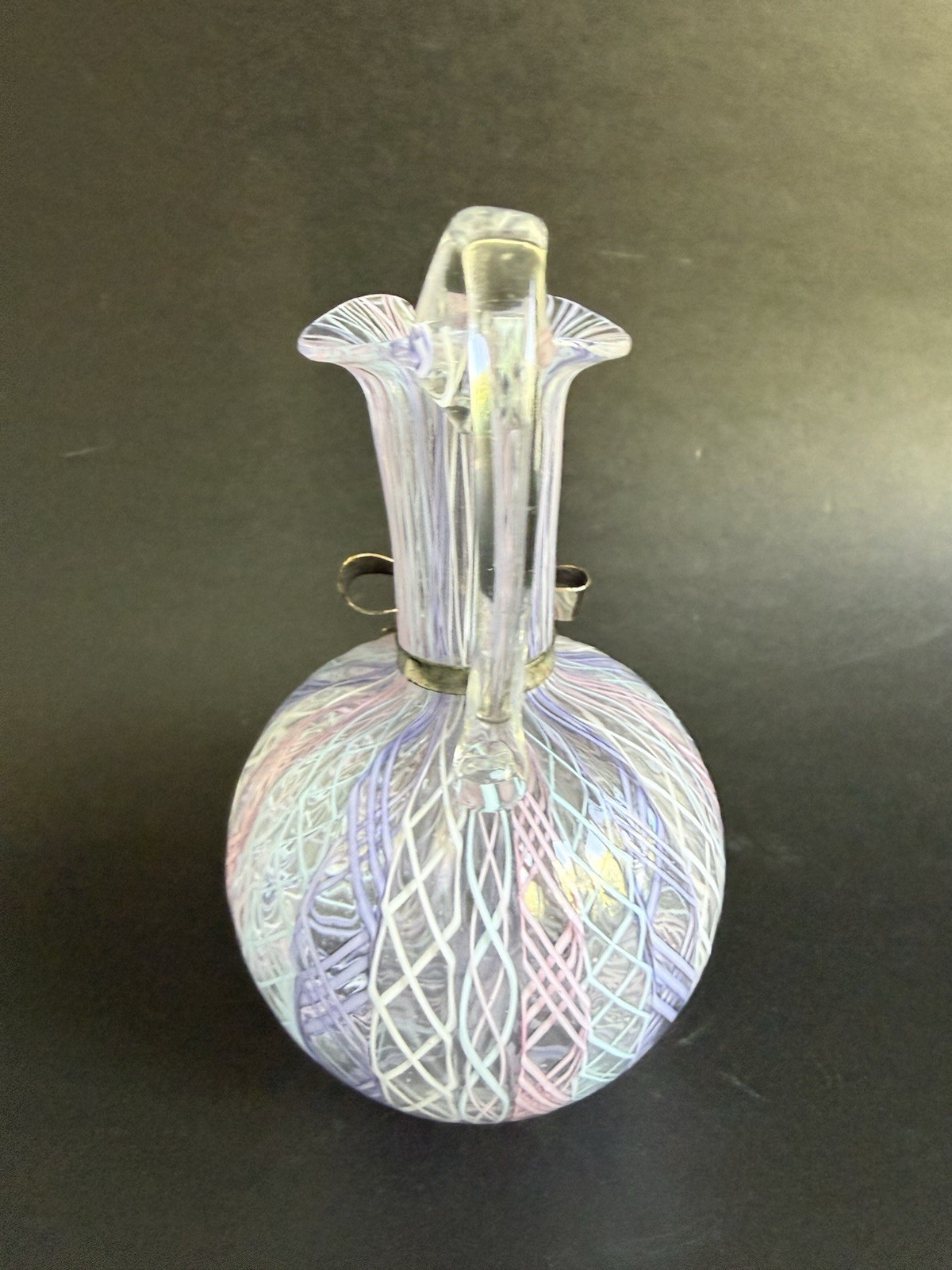 Vtg Murano Latticino Lace Ribbon Art Glass Pitcher w/ 800 Continental Silver Bow