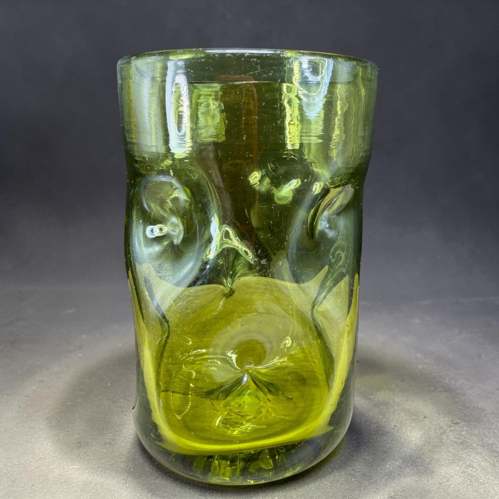 Vintage Blenko Hand Blown Olive Green Art Glass Dimple Thumbprint Tumbler Cup