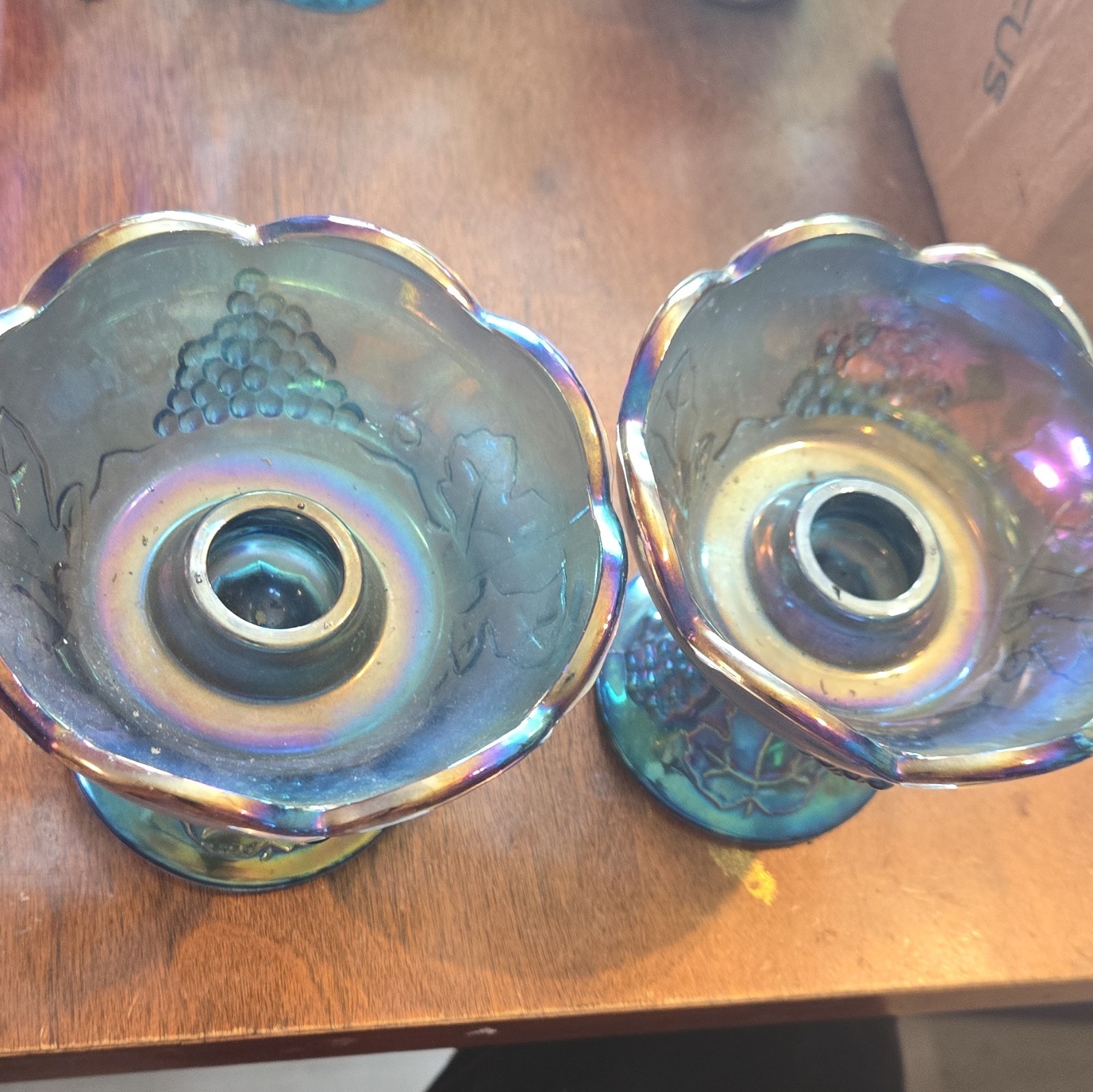 Blue Iridescent Glass Carnival Grape Pattern Taper Candle Holders Pair