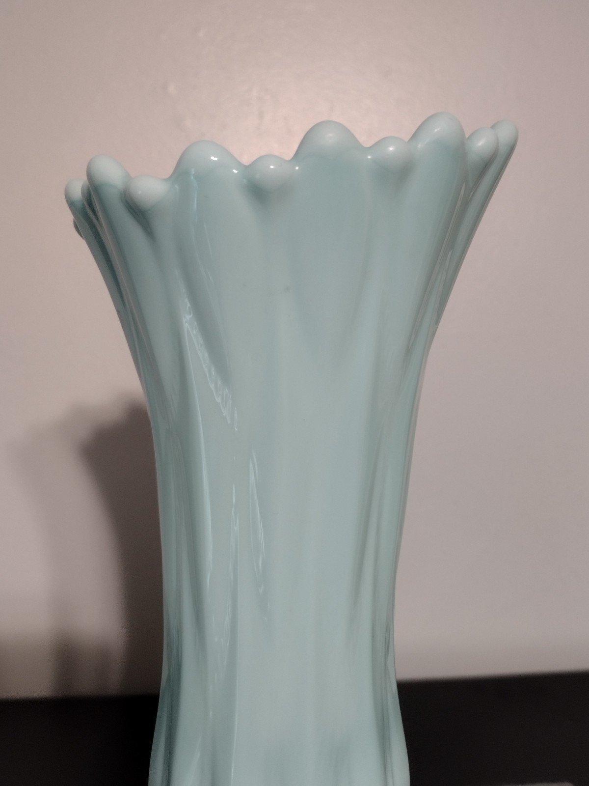 Fostoria vintage aqua blue opalescent swung “milk” glass vase, 9 inches
