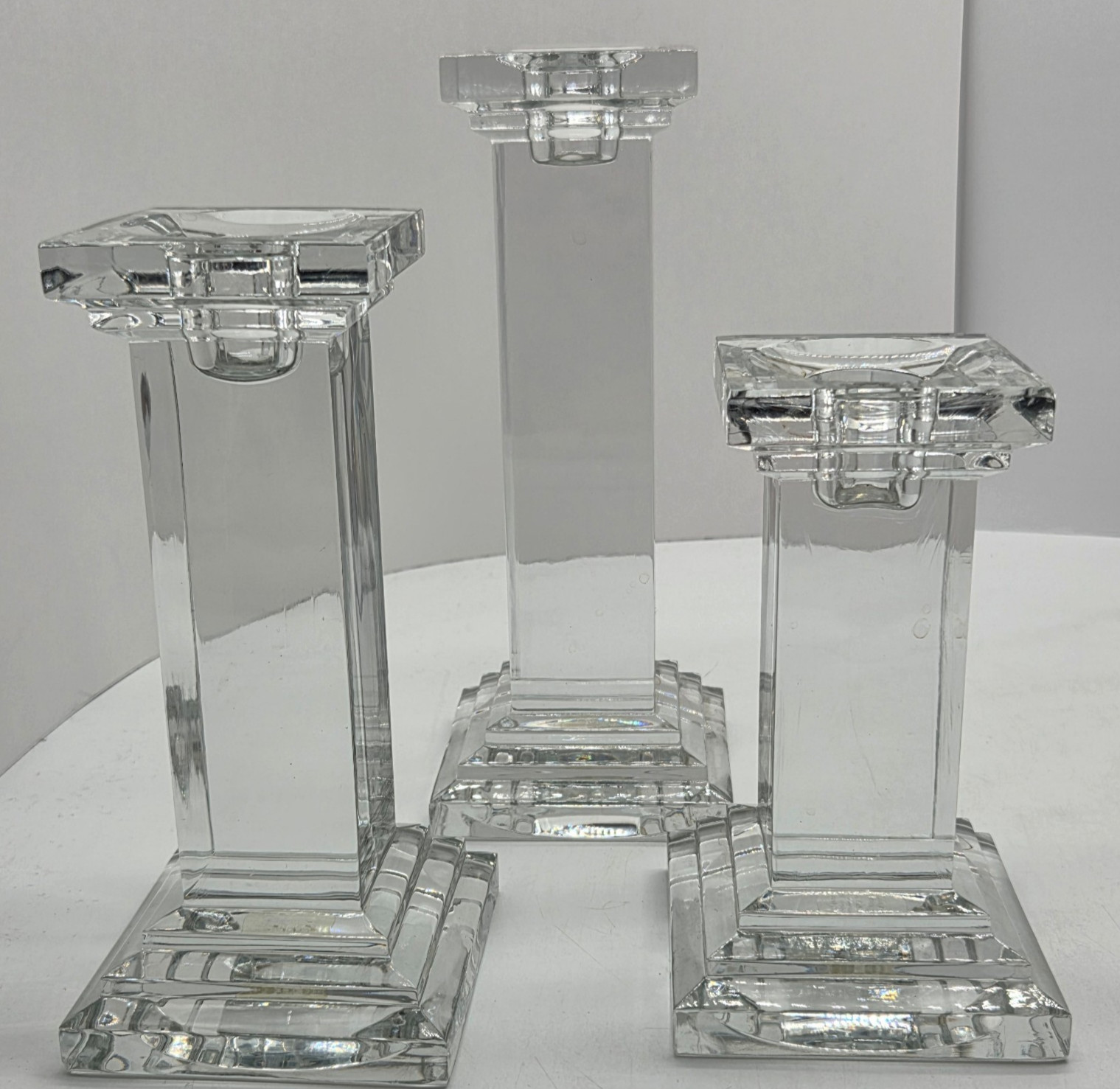 Royal Limited 24% Lead Crystal Clear Square Tiered Graduated Candlesticks Czech