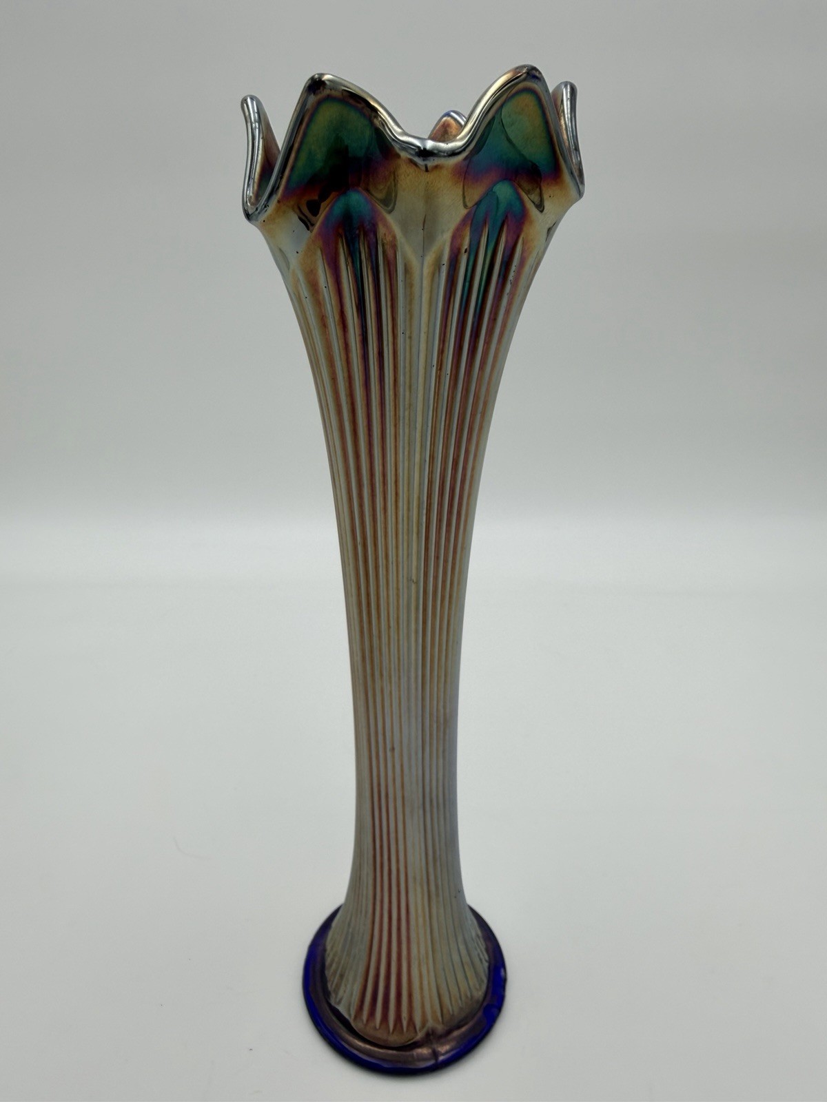 Fenton Art Glass Fine Rib Carnival Glass Sapphire Blue Vase c. 1930s 11”