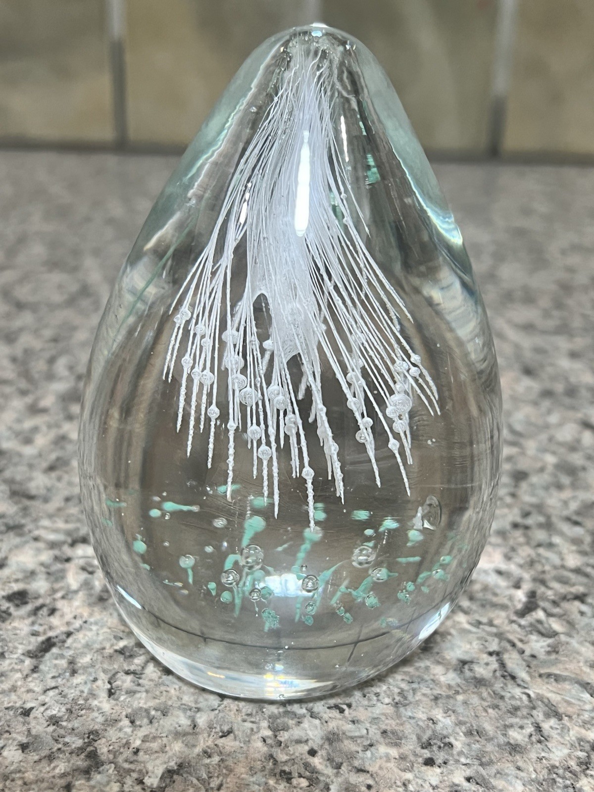 Vintage Teal Turquoise Teardrop Paperweight Controlled Bubble Floral 4.5 Inches