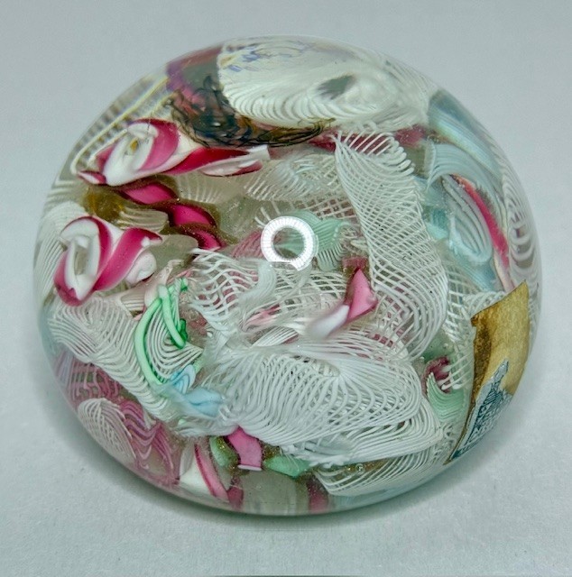 VTG Murano Paperweight Fratelli Toso Pink, White Latticino Art Glass Foil Label