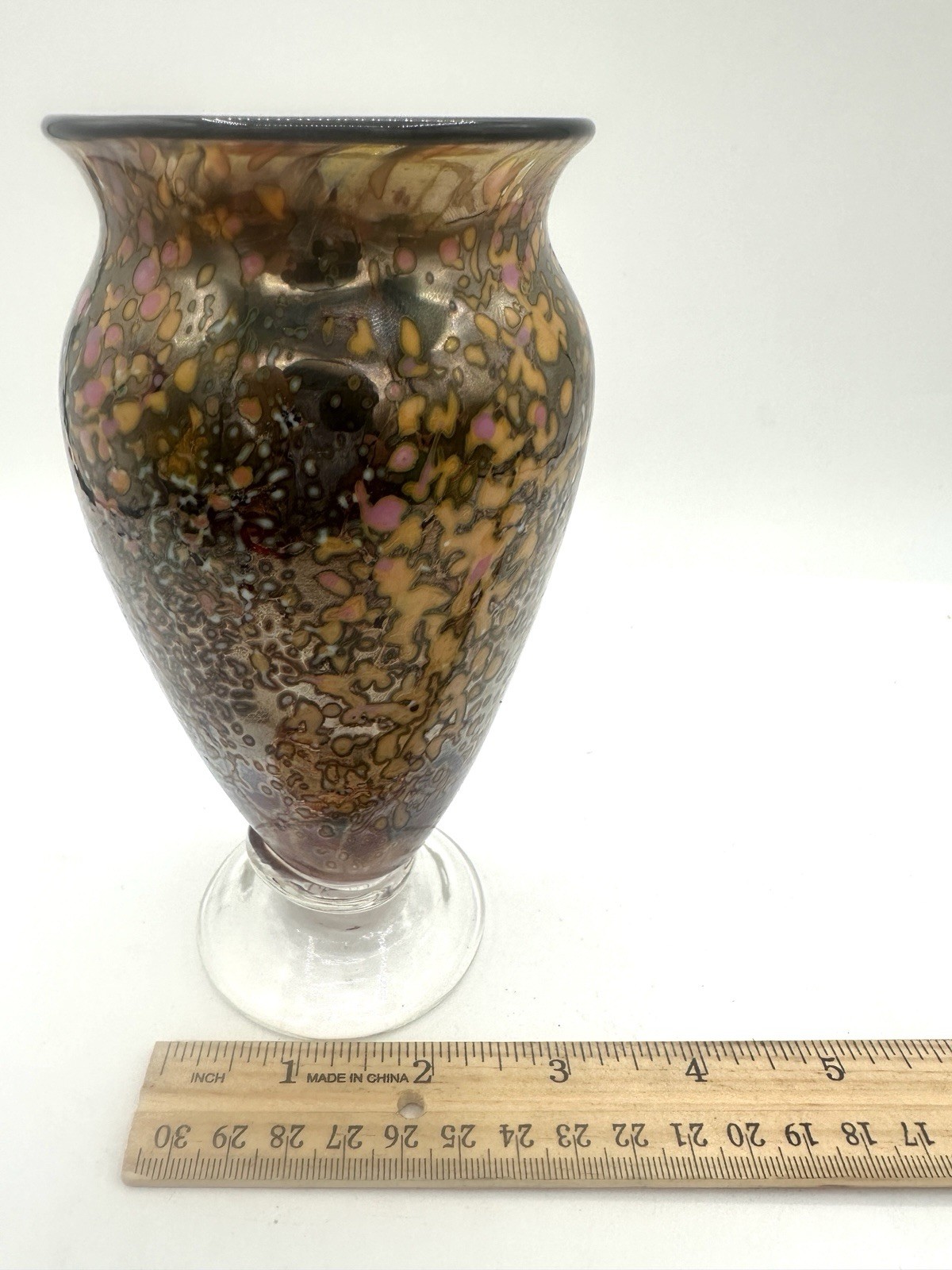 Studio Art Glass Vase Mottled Confetti Frit 6″ Signed Joseph 1993