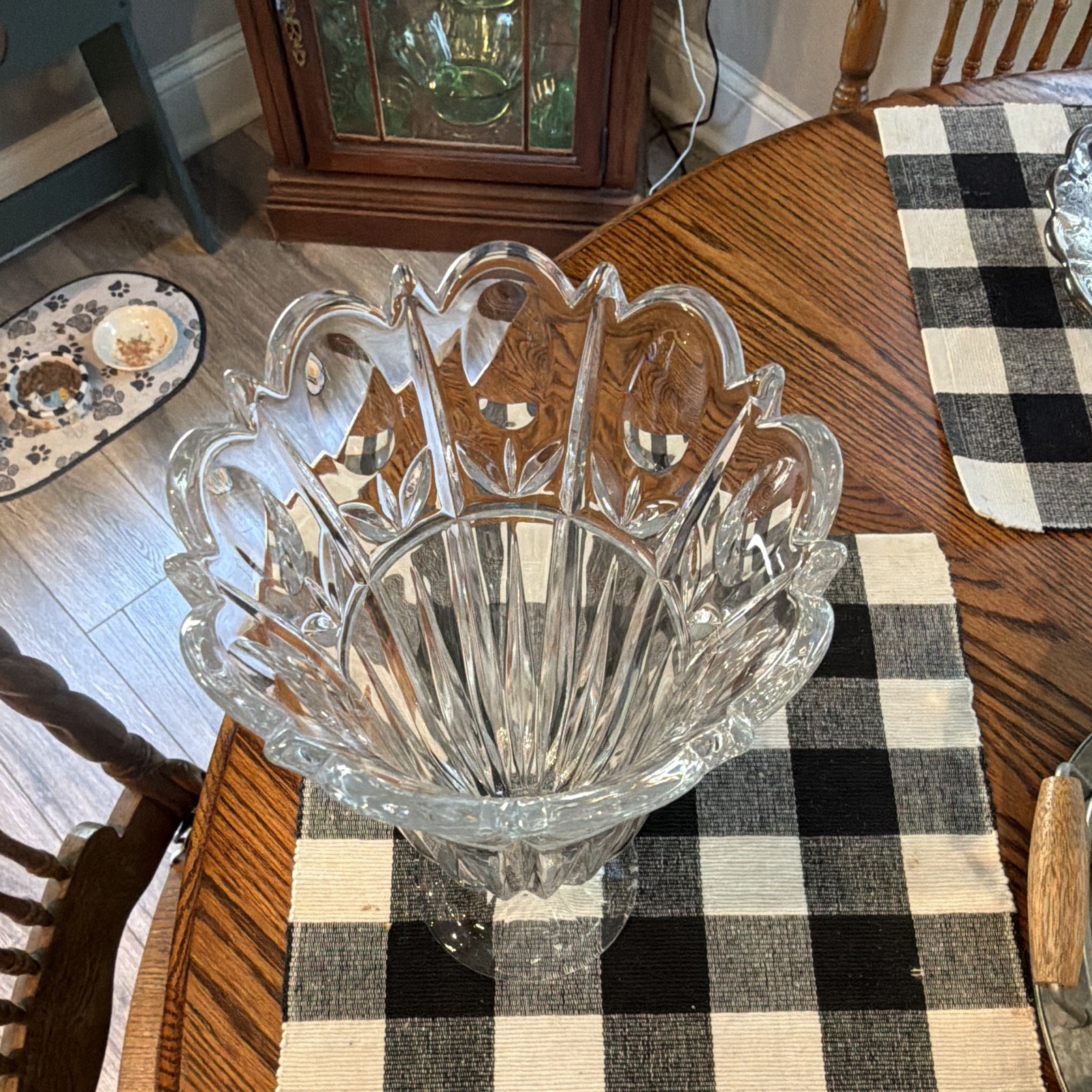 Crystal Glass Footed Pedestal Vase, Fluted with Scalloped Rim, Decorative