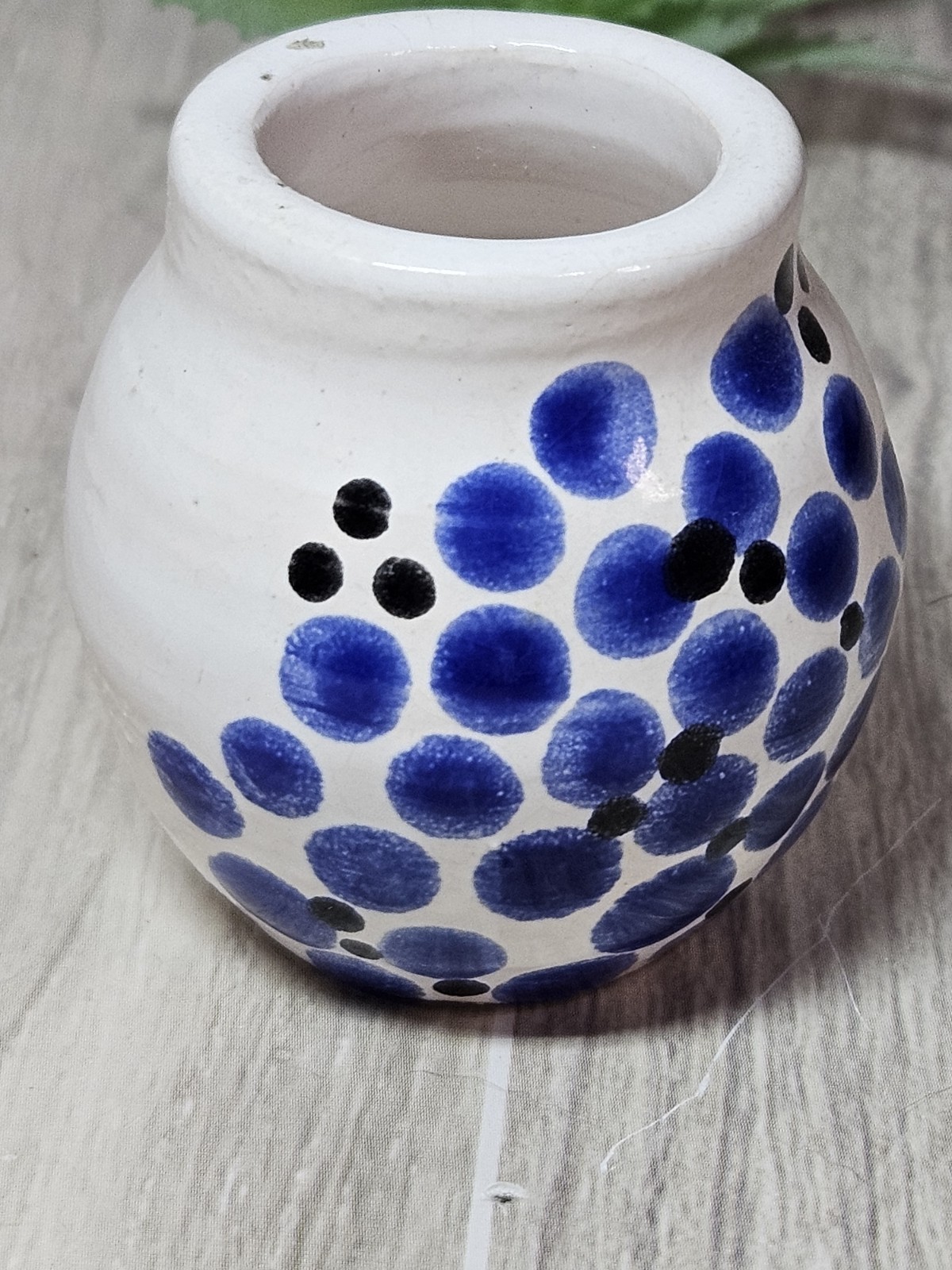 Miniature Studio Pottery Vase Signed Hand Painted Blue Black Dots 2.25″