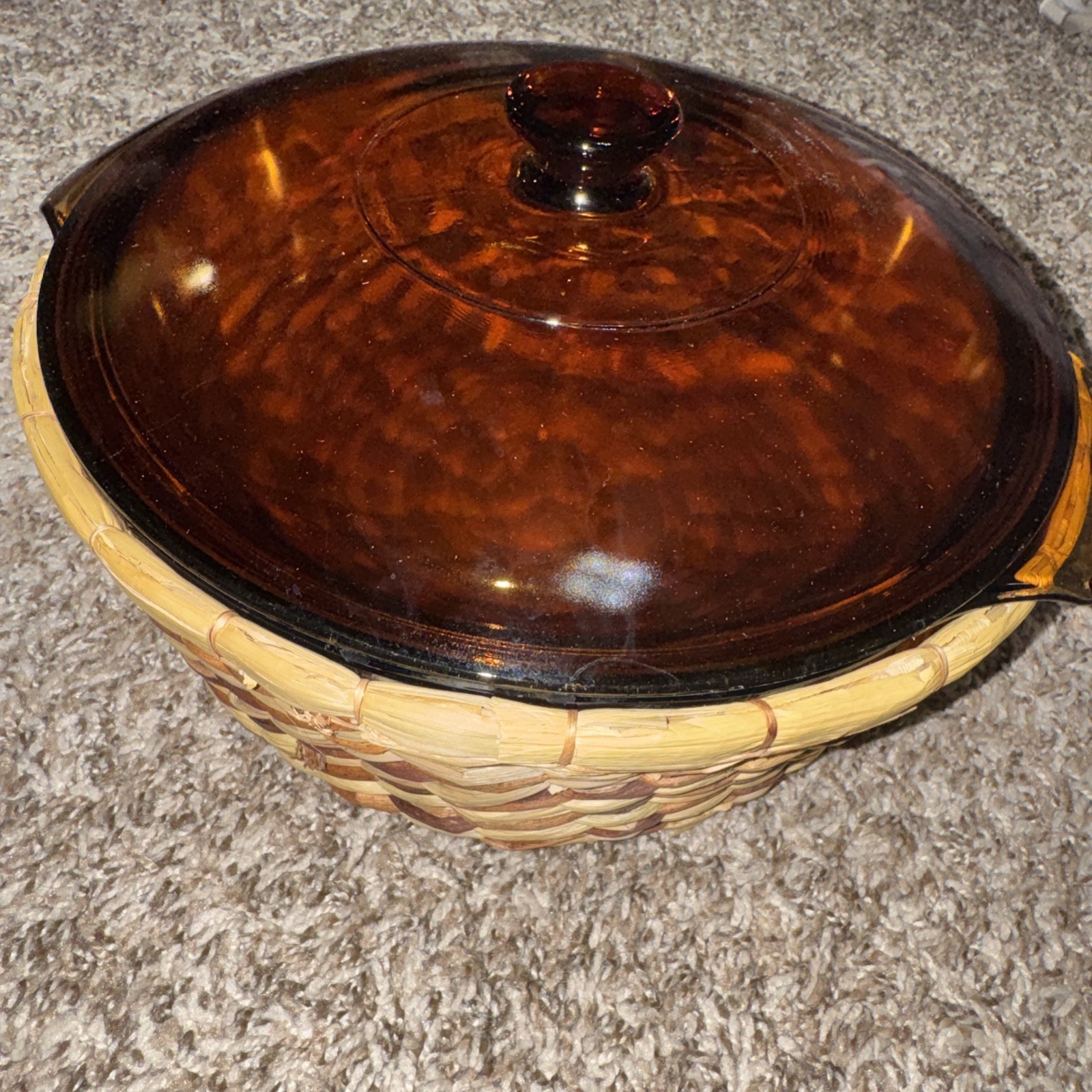 VTG ANCHOR HOCKING HARVEST AMBER BASKET BUFFET 1-2 Qt Casserole W/ Cover NIB