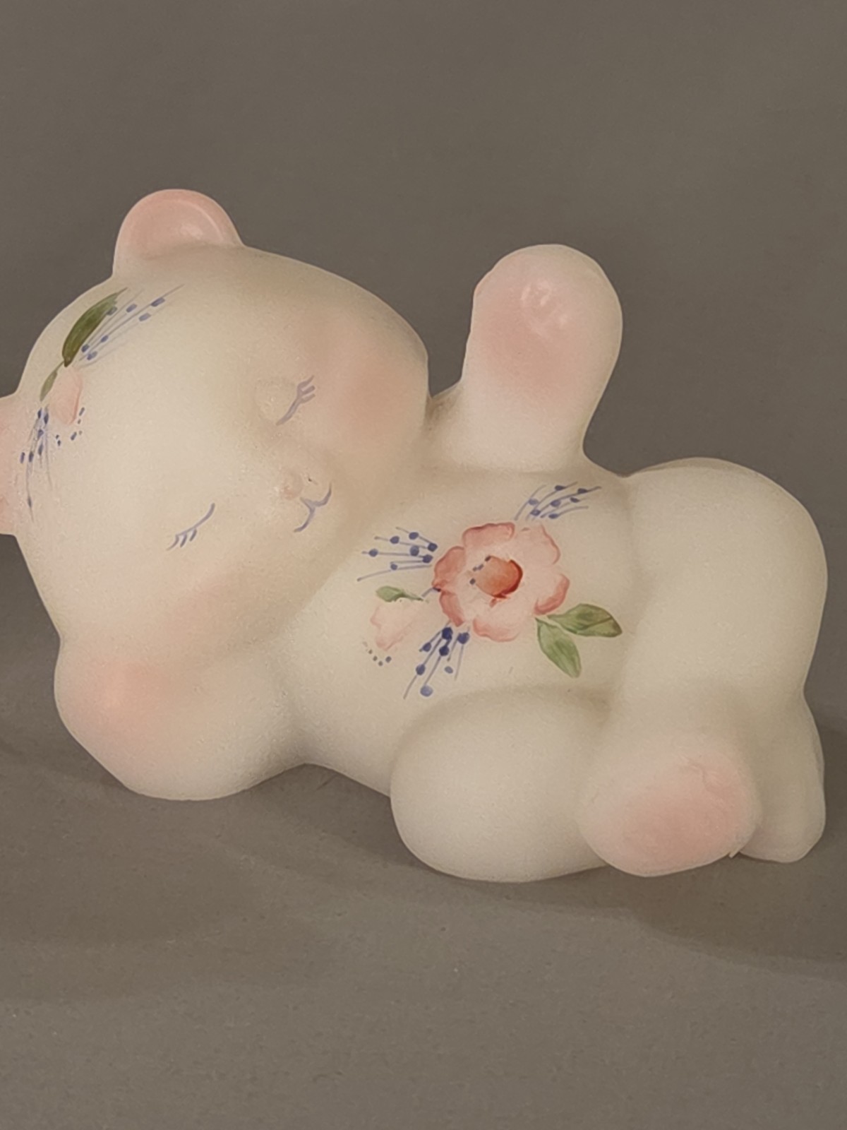 Lot 2 Fenton Bears White Pink Satin Hand Painted Floral Signed Sitting Reclining