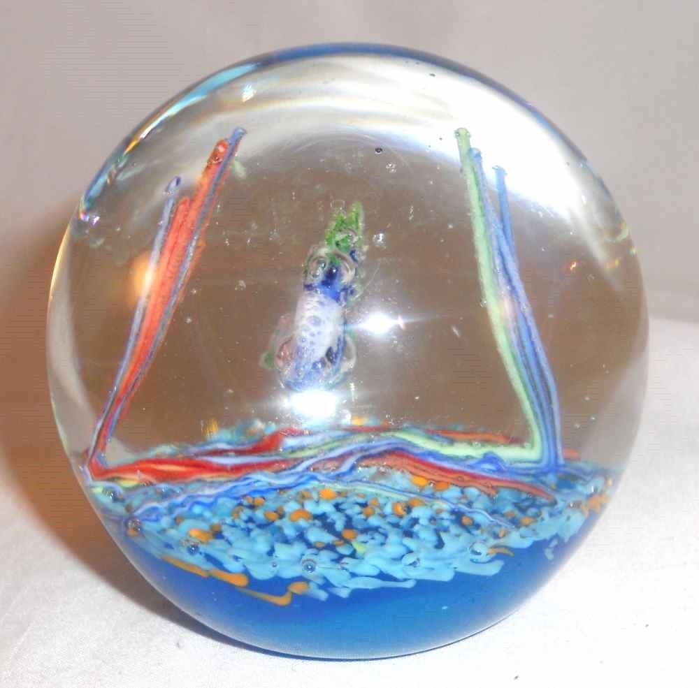 Vintage Art Glass Round Paperweight Fish Swimming In Blue Ocean Unmarked