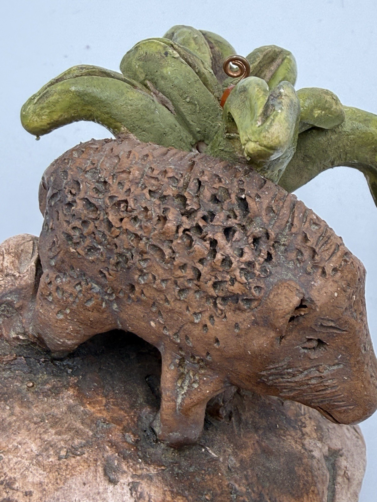 Art Pottery Unique Handmade Boar Tree On Rock Trinket Box Figurine