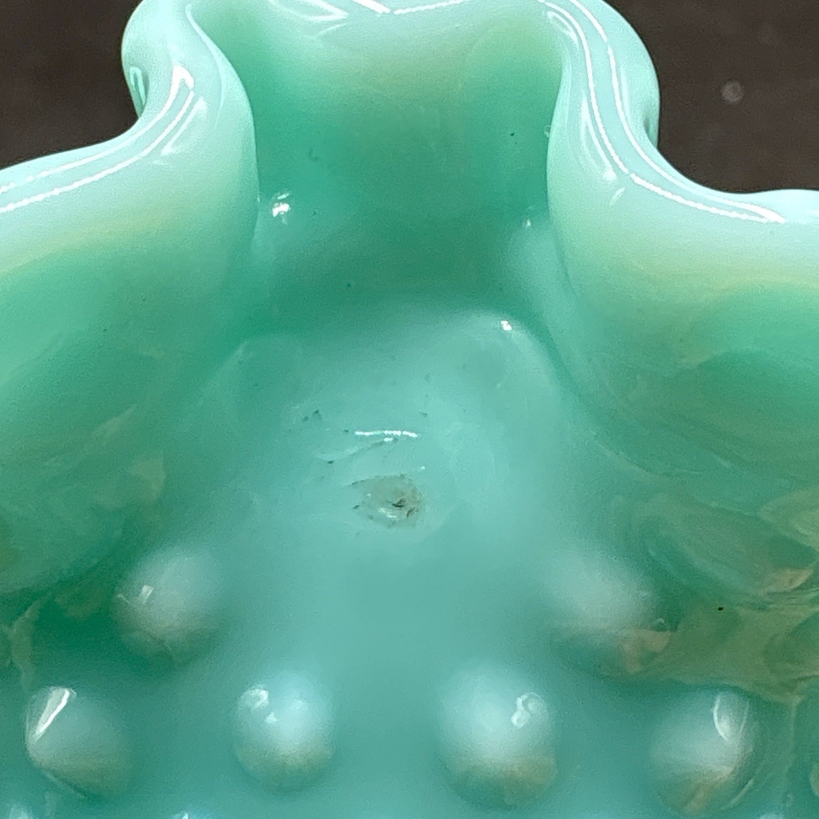 Fenton Hobnail Turquoise Milk Glass Ruffle Edge Trumpet Vase 4″ H Vintage EUC