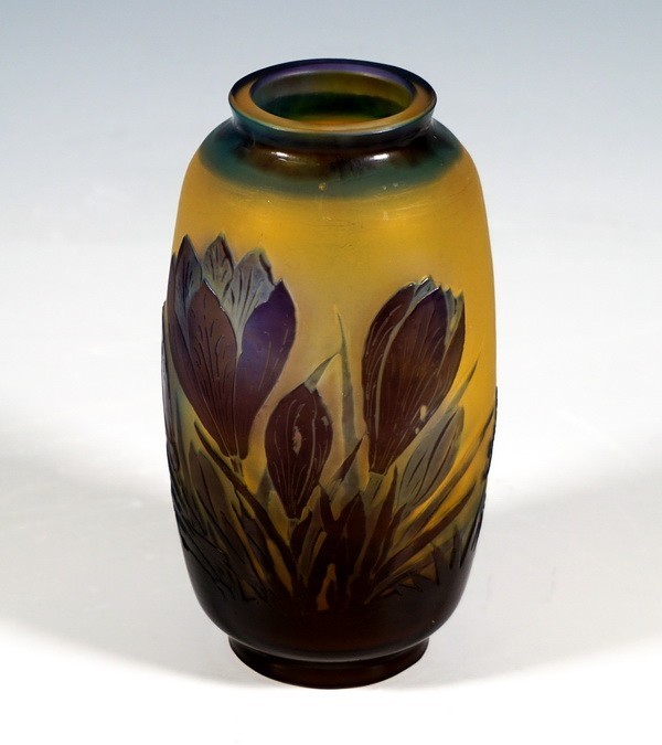 Emile Galle Art Nouveau Cameo Glass Vase Crocus Flower Decor France 1906-1914