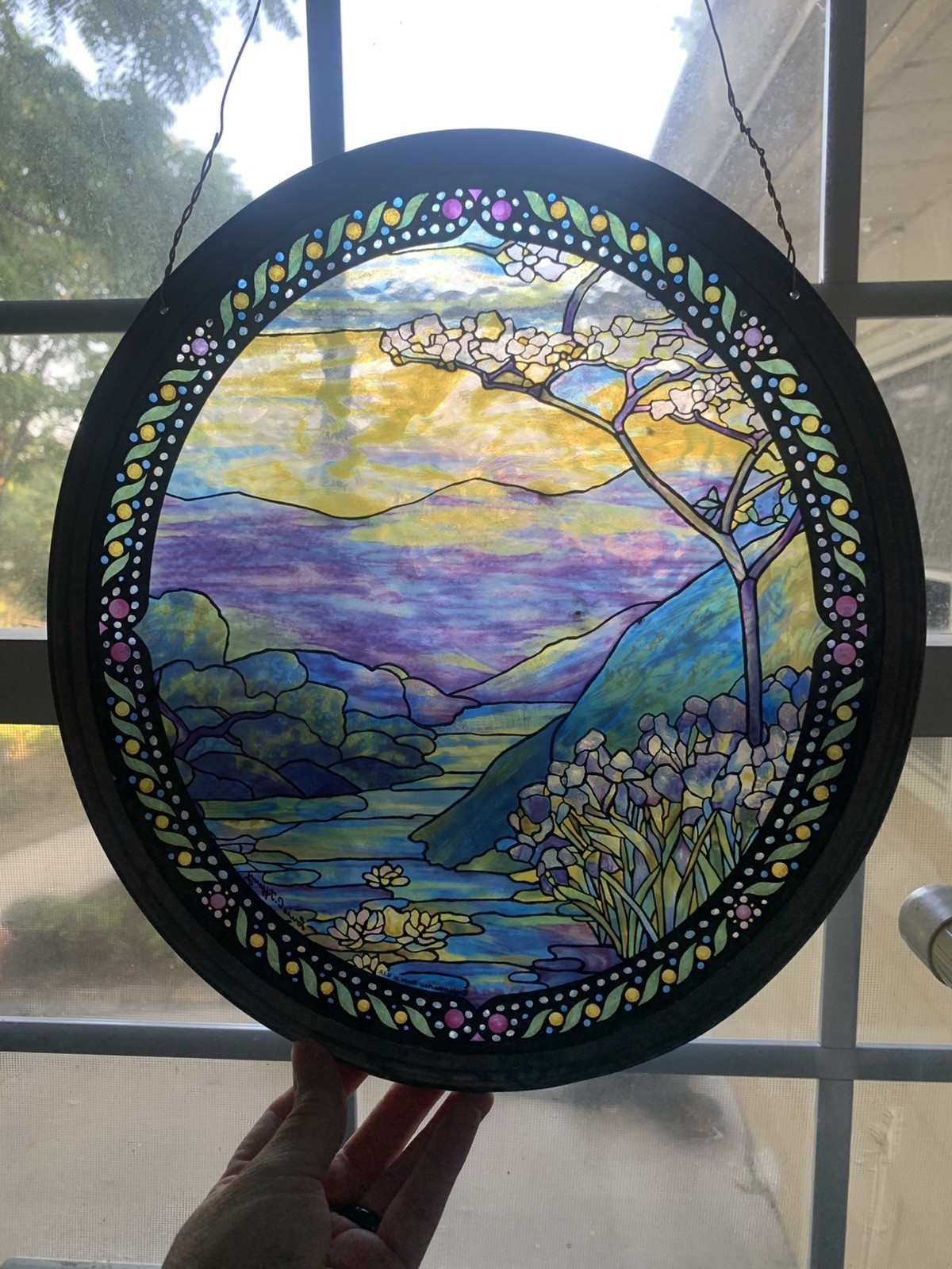 Vintage Stained Glass Landscape Lilies Louis C. Tiffany Oval Shape Glassmasters