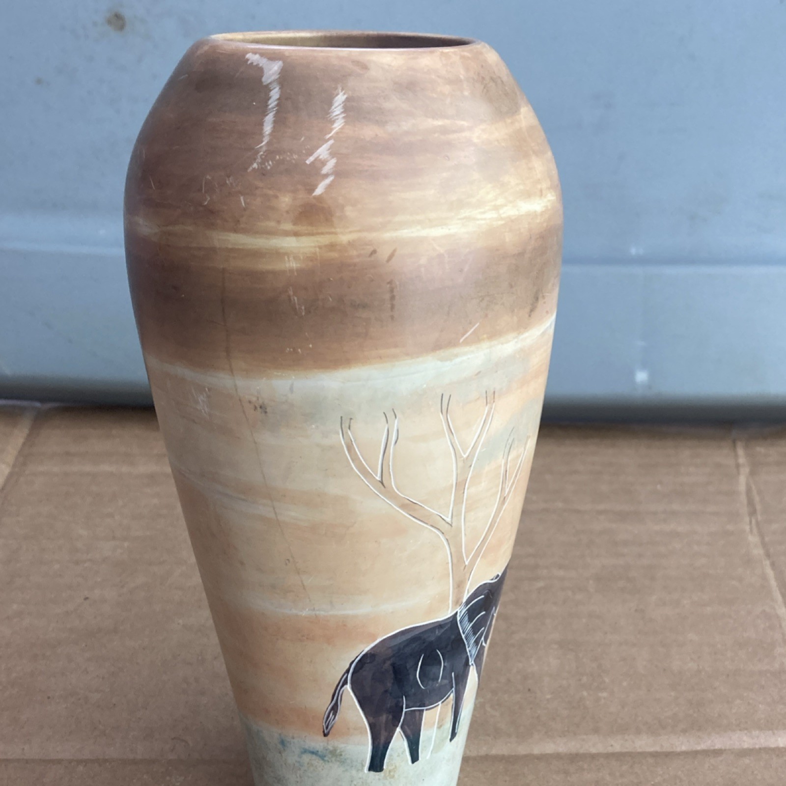 Ceramic African Elephant Vase Brown Beige Black Decorative Pottery
